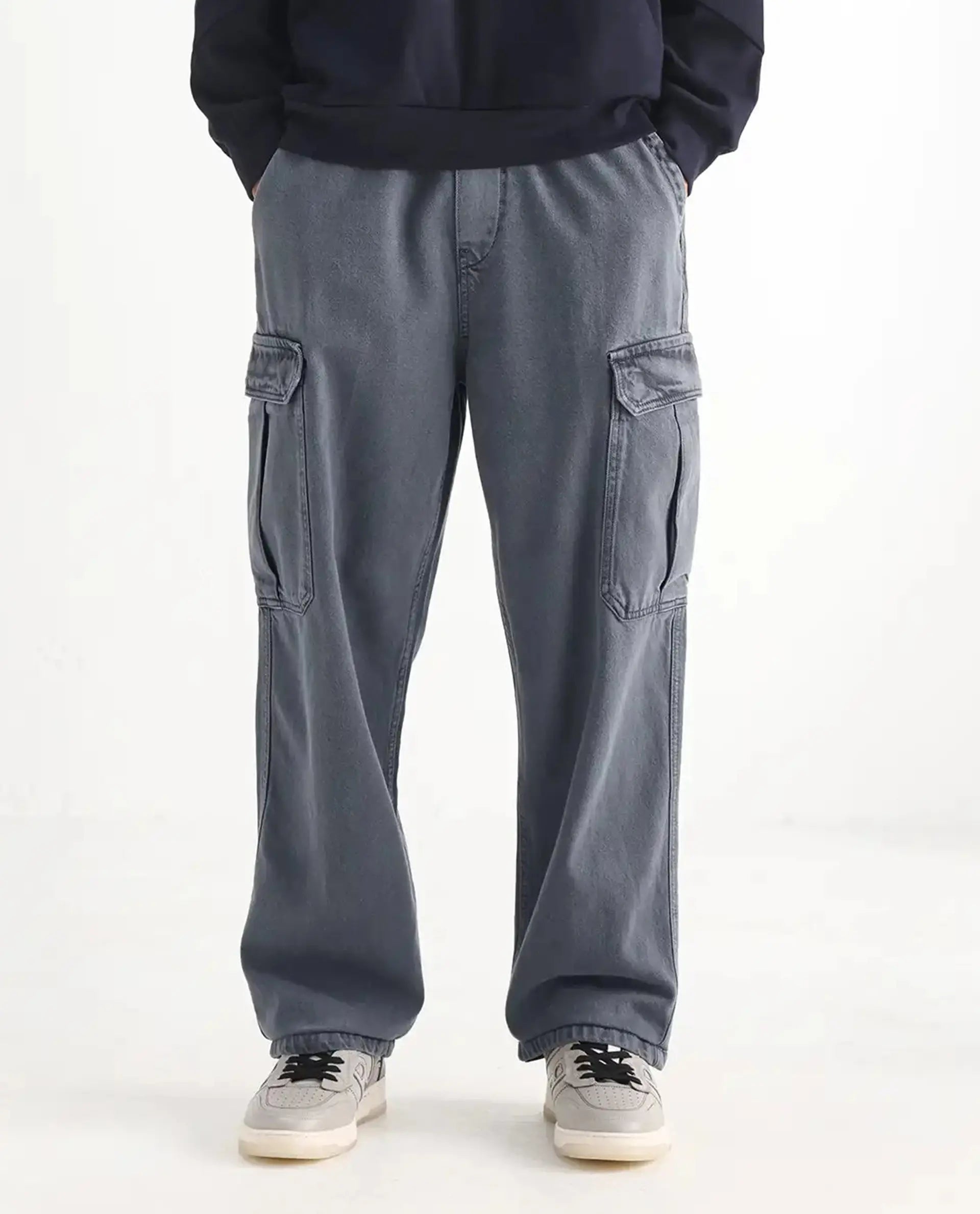 Rare Rabbit Men's Hork Blue Cotton Plain Baggy Fit Jeans