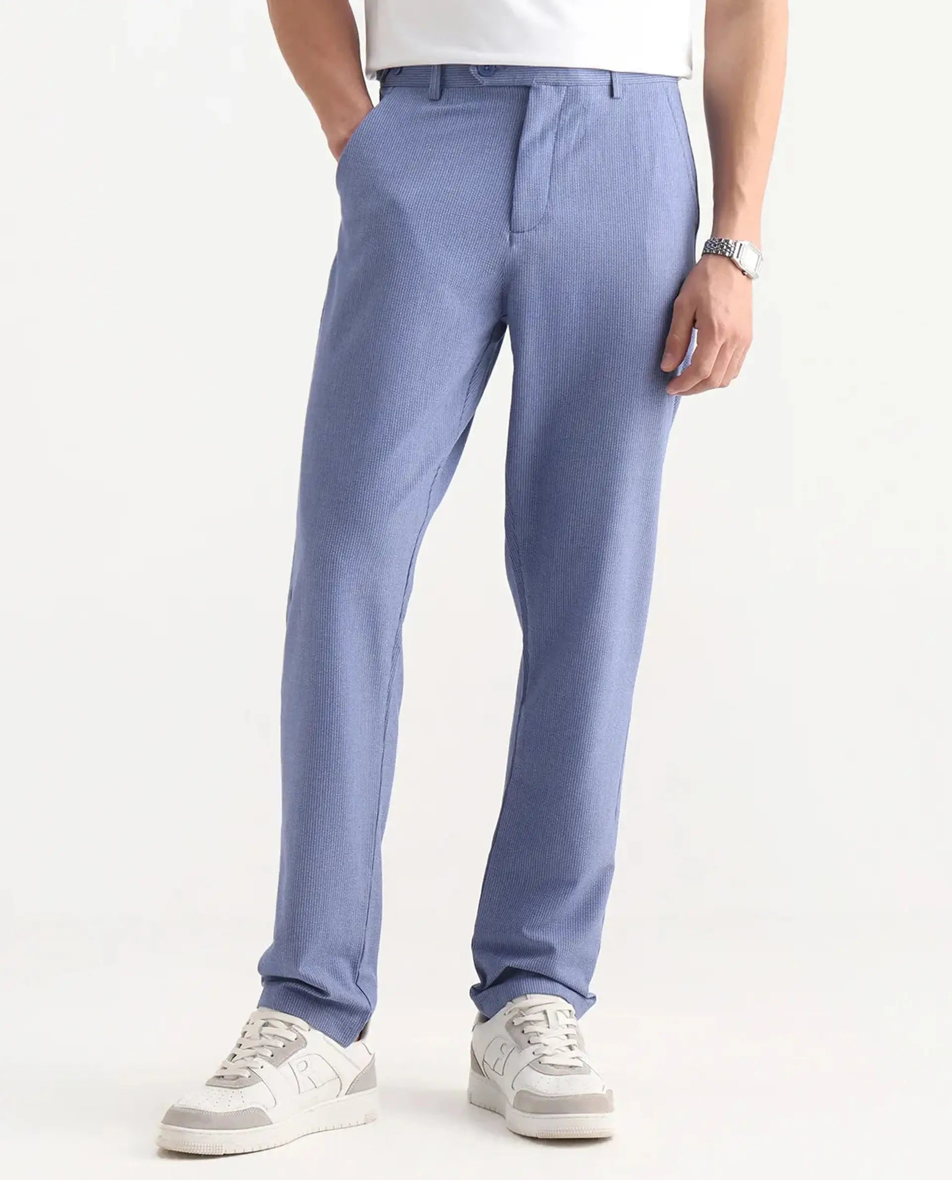 Rare Rabbit Men's Horon Blue Polyester Blend Plain Baggy Fit Trouser