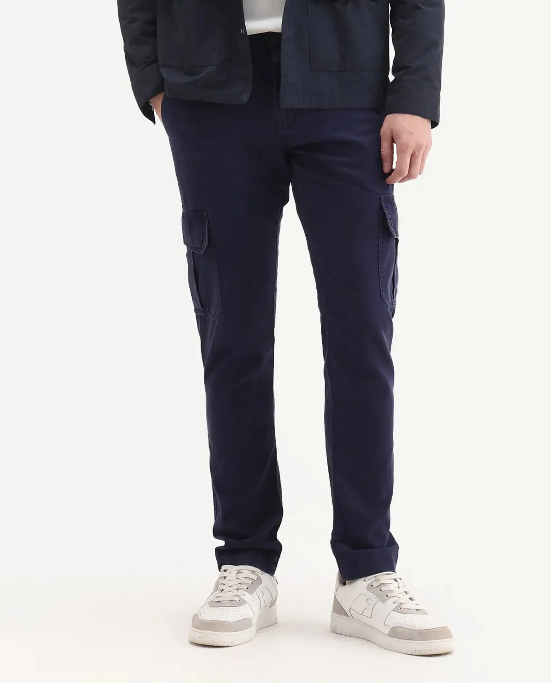 Rare Rabbit Men's Inbuil Navy Cotton Plain Regular Fit Trouser