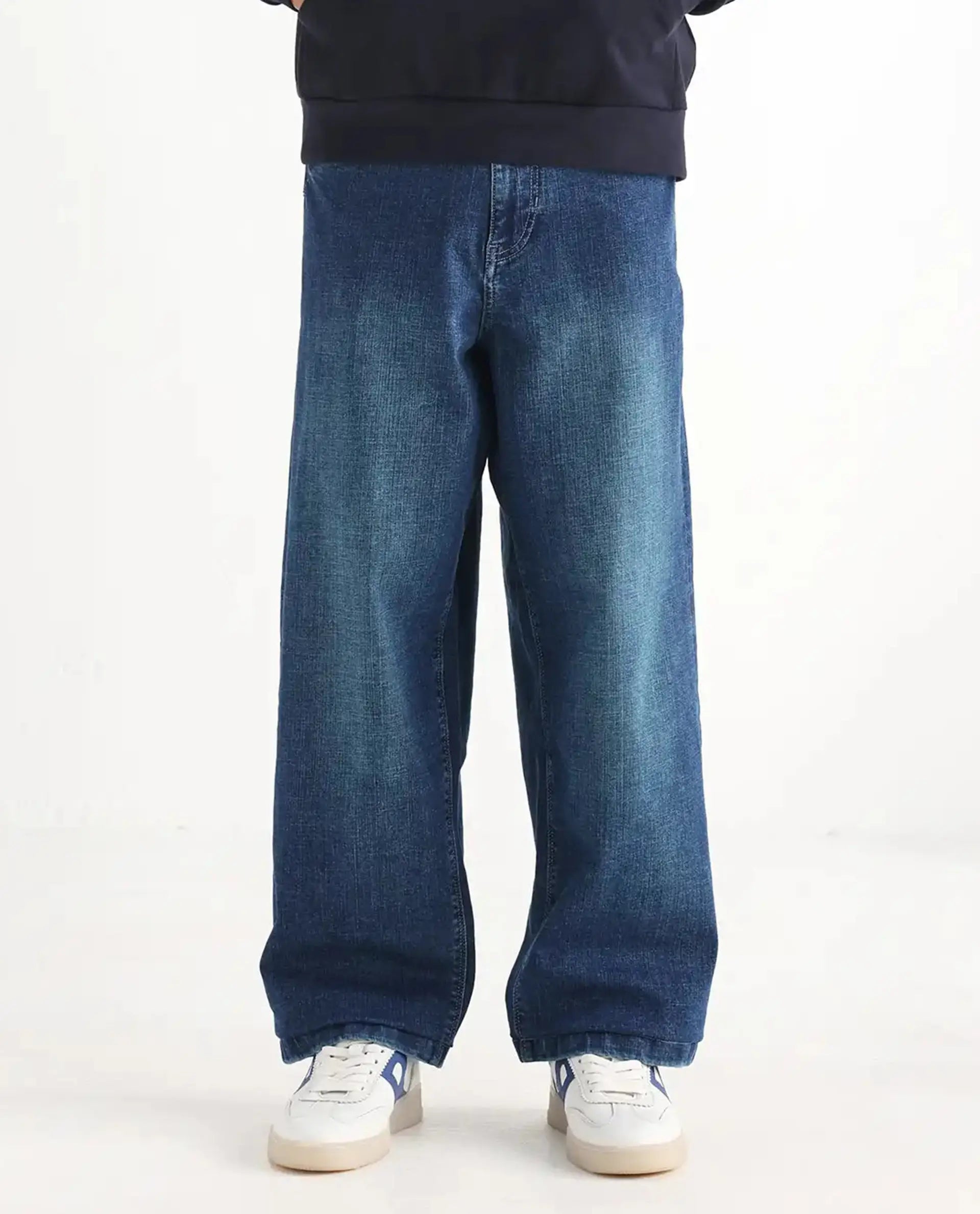 Rare Rabbit Men's Jace Blue Cotton Blend Plain Baggy Fit Jeans