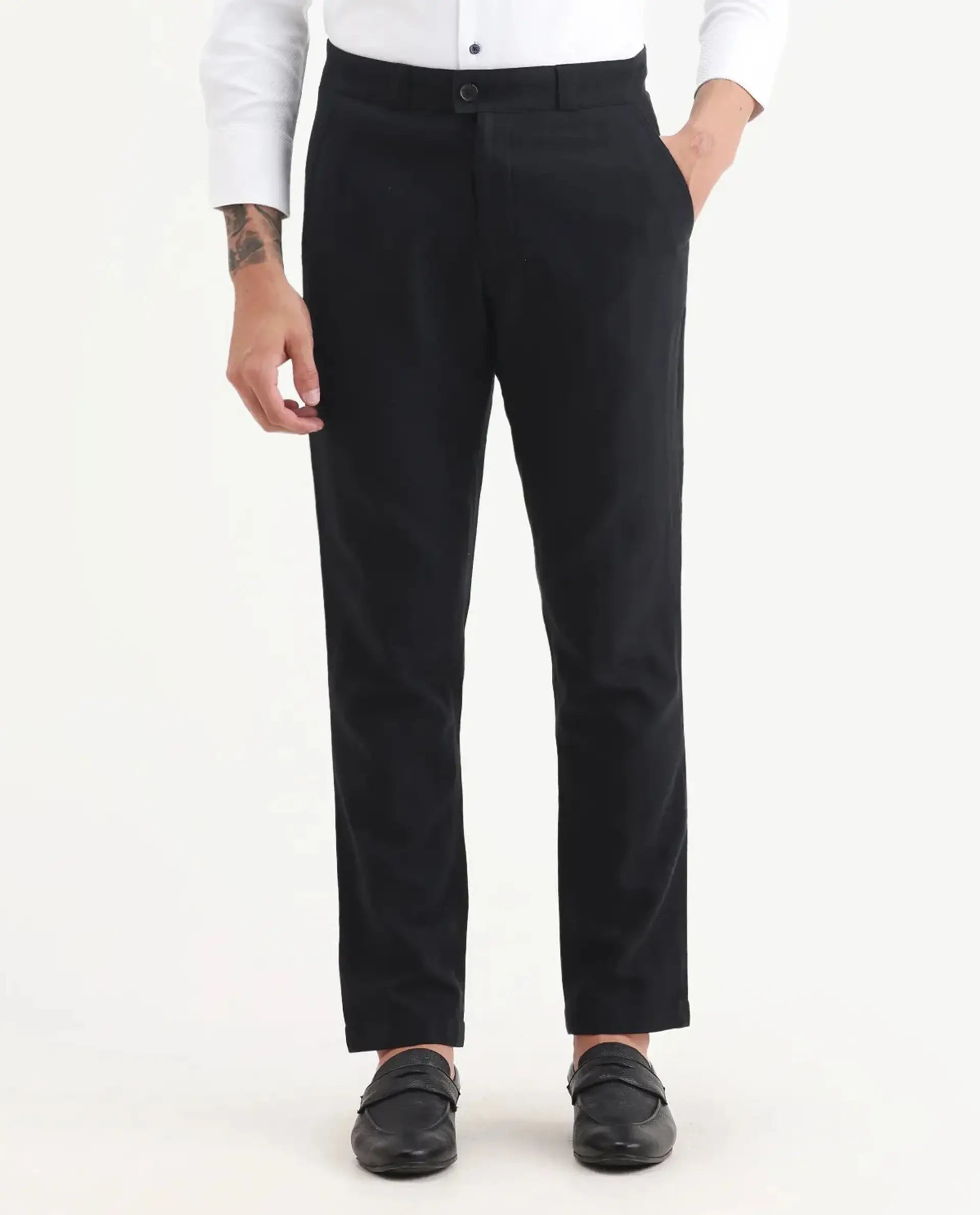 Rare Rabbit Men Jacky Black Cotton Fabric Button And Zip Closure Closure Regular Fit Jacquard Trouser