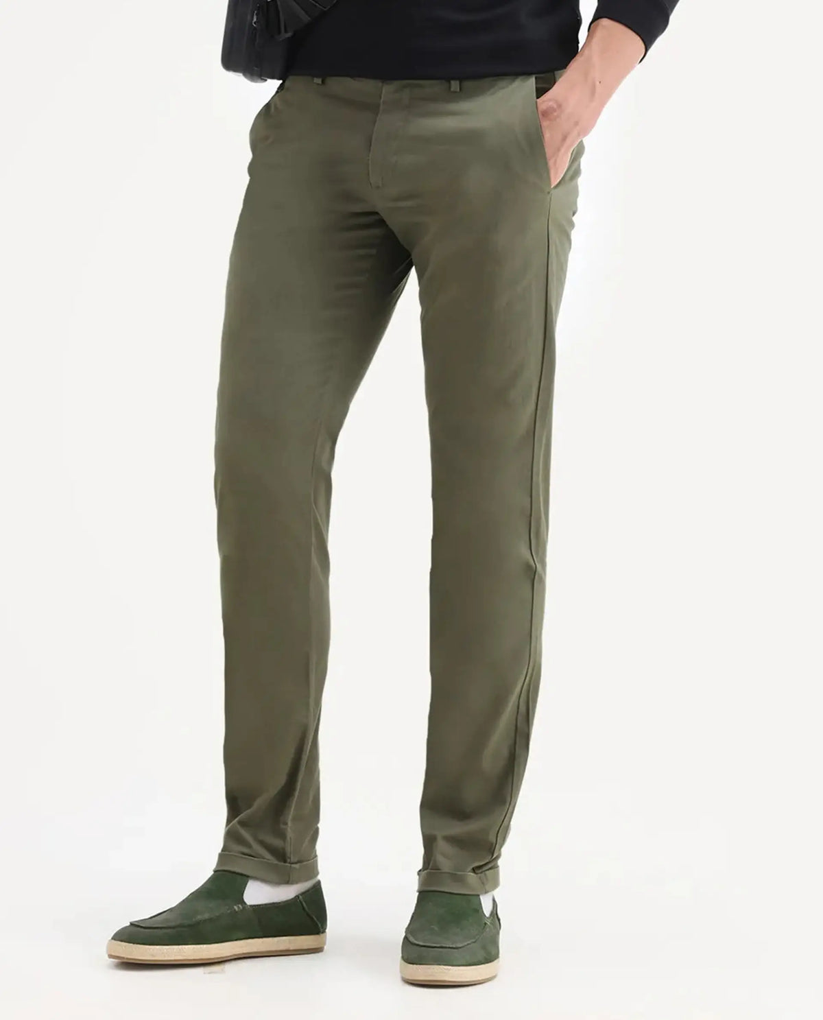 Rare Rabbit Men's Jacob Dark Olive Cotton Plain Regular Fit Trouser