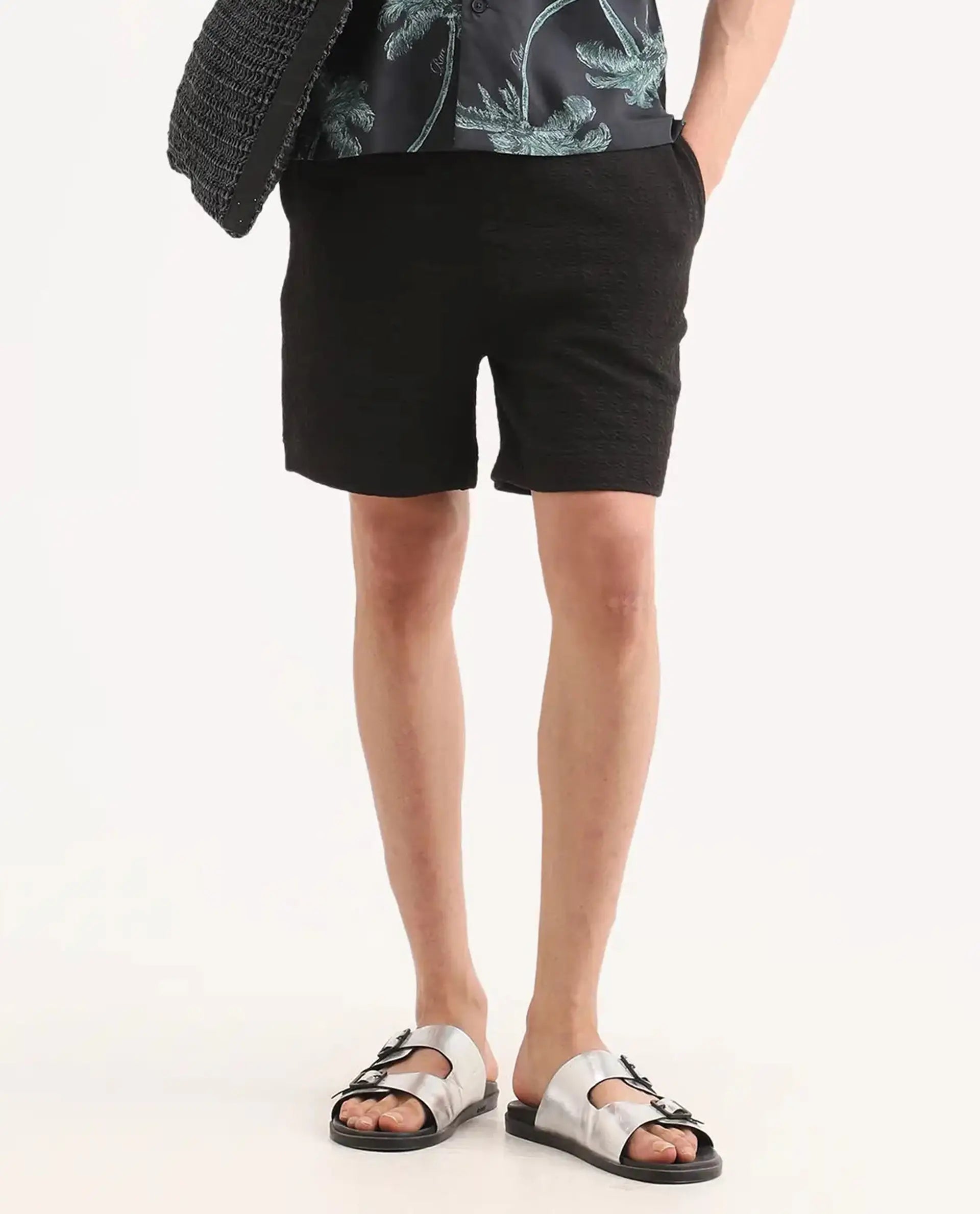 Rare Rabbit Men's Jas-2-Sh Black Cotton Blend Fabric Oversize Fit Jacquard Shorts
