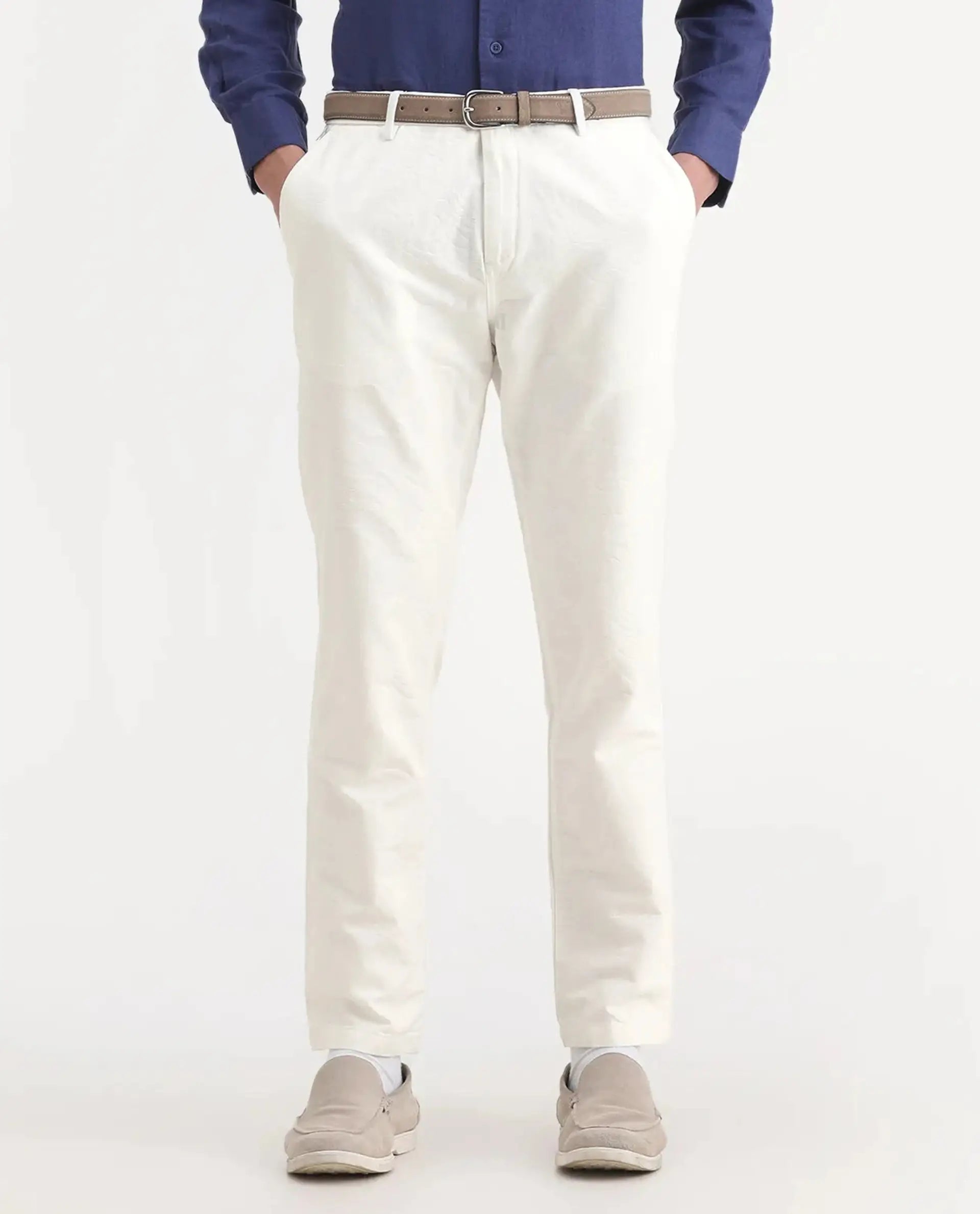 Rare Rabbit Men's Jeck-1 White Cotton Jacquard Regular Fit Trouser