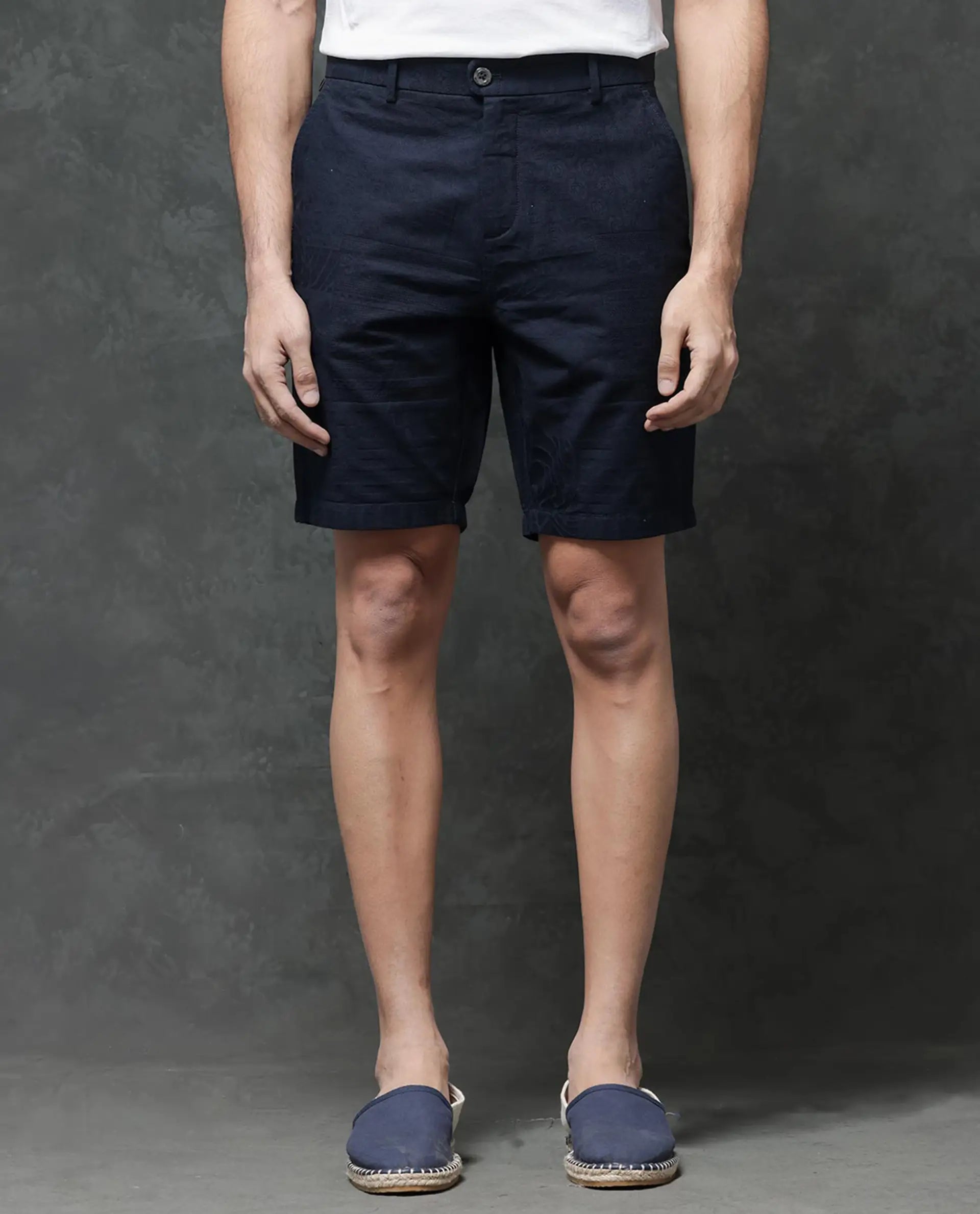 Rare Rabbit Men's Jecky Navy Cotton Jacquard Relaxed Fit Shorts