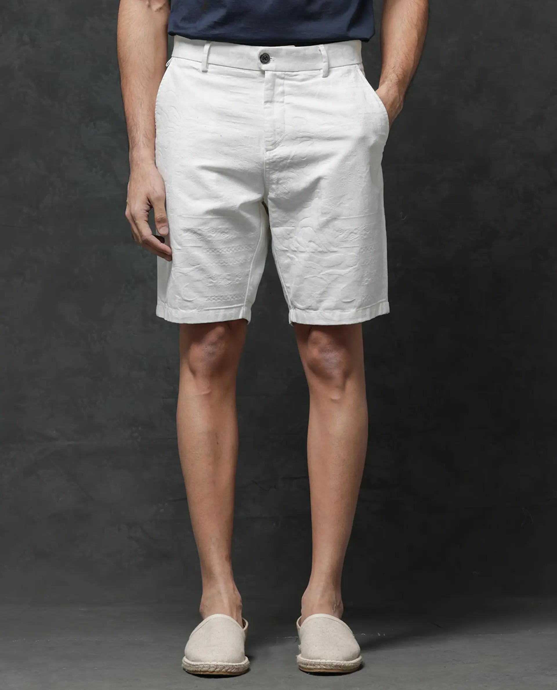 Rare Rabbit Men's Jecky Off White Cotton Jacquard Relaxed Fit Shorts