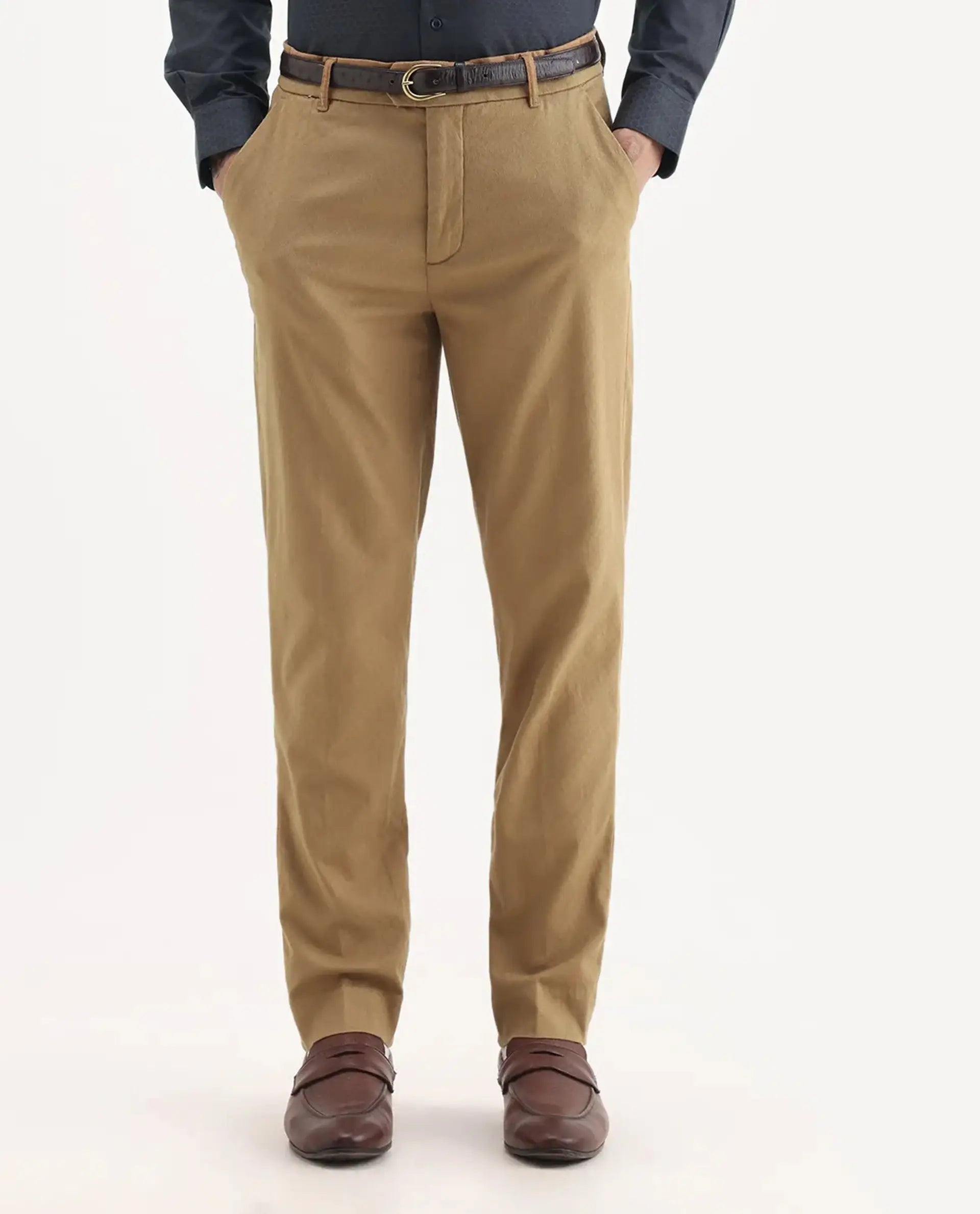 Rare Rabbit Men's Jes Khaki Cotton Blend Jacquard Relaxed Fit Trouser