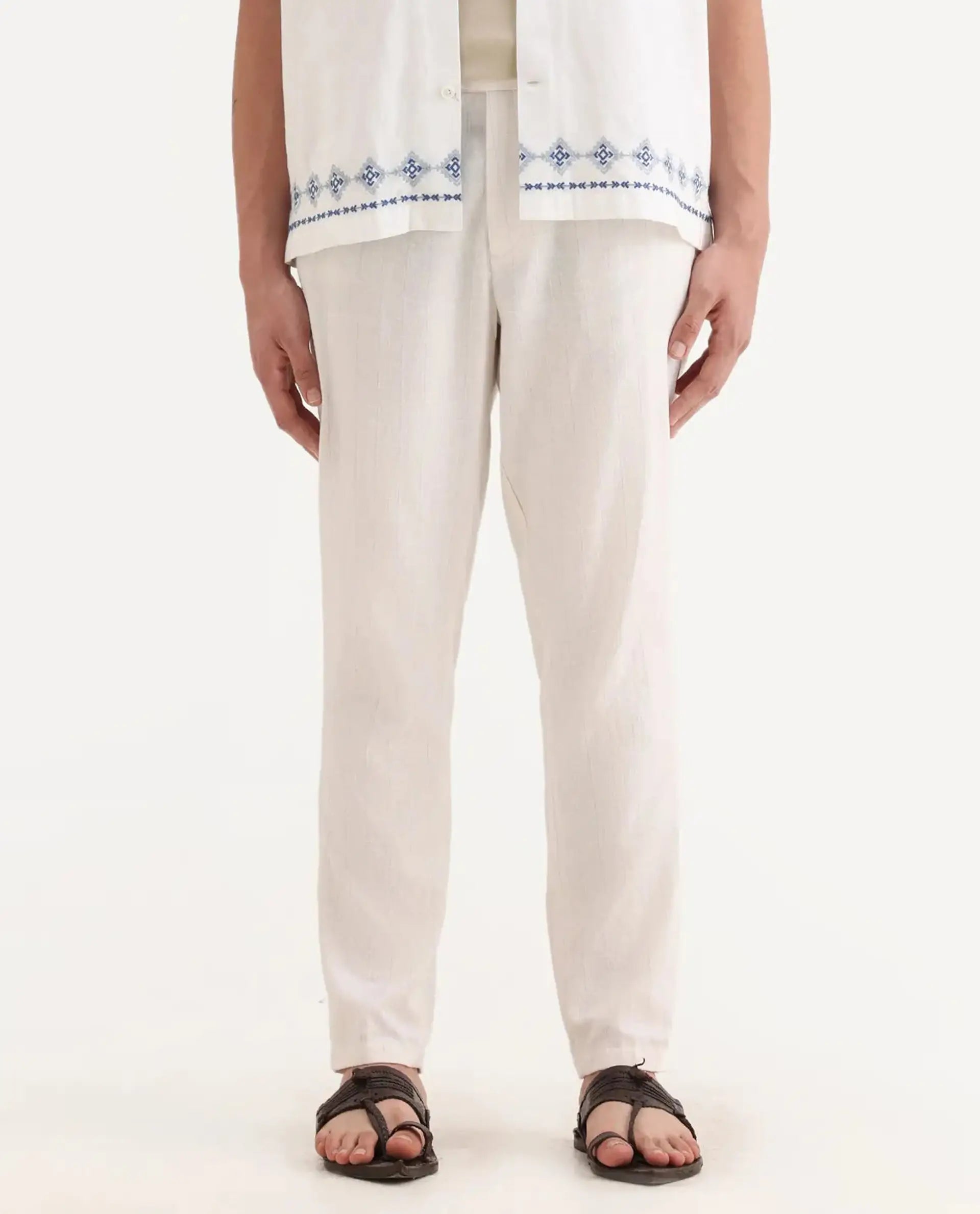 Rare Rabbit Men's Jlo Beige Linen Blend Plain Relaxed Fit Trouser
