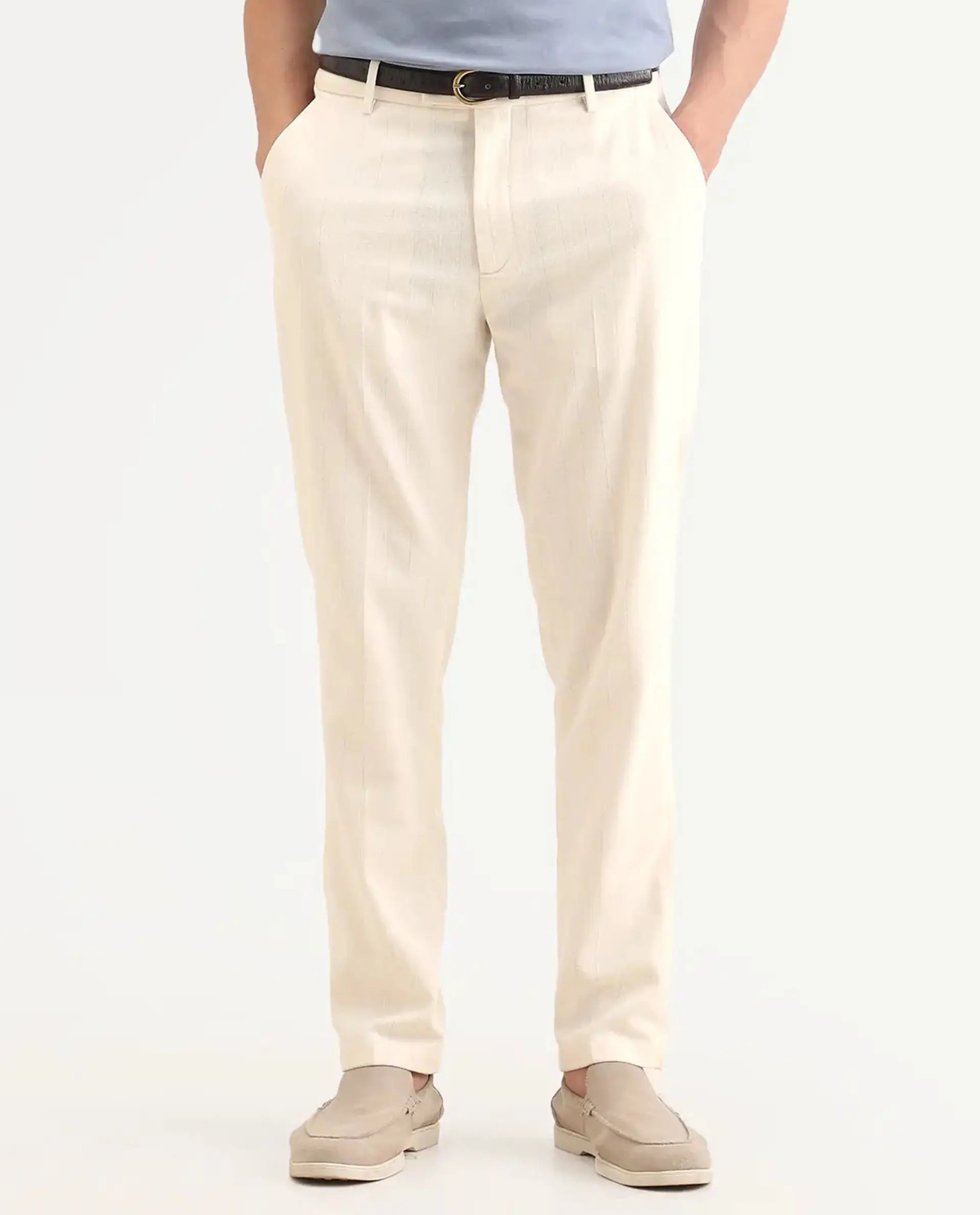 Rare Rabbit Men's Jlo-Ss26 Beige Linen Blend Fabric Regular Fit Striped Trouser