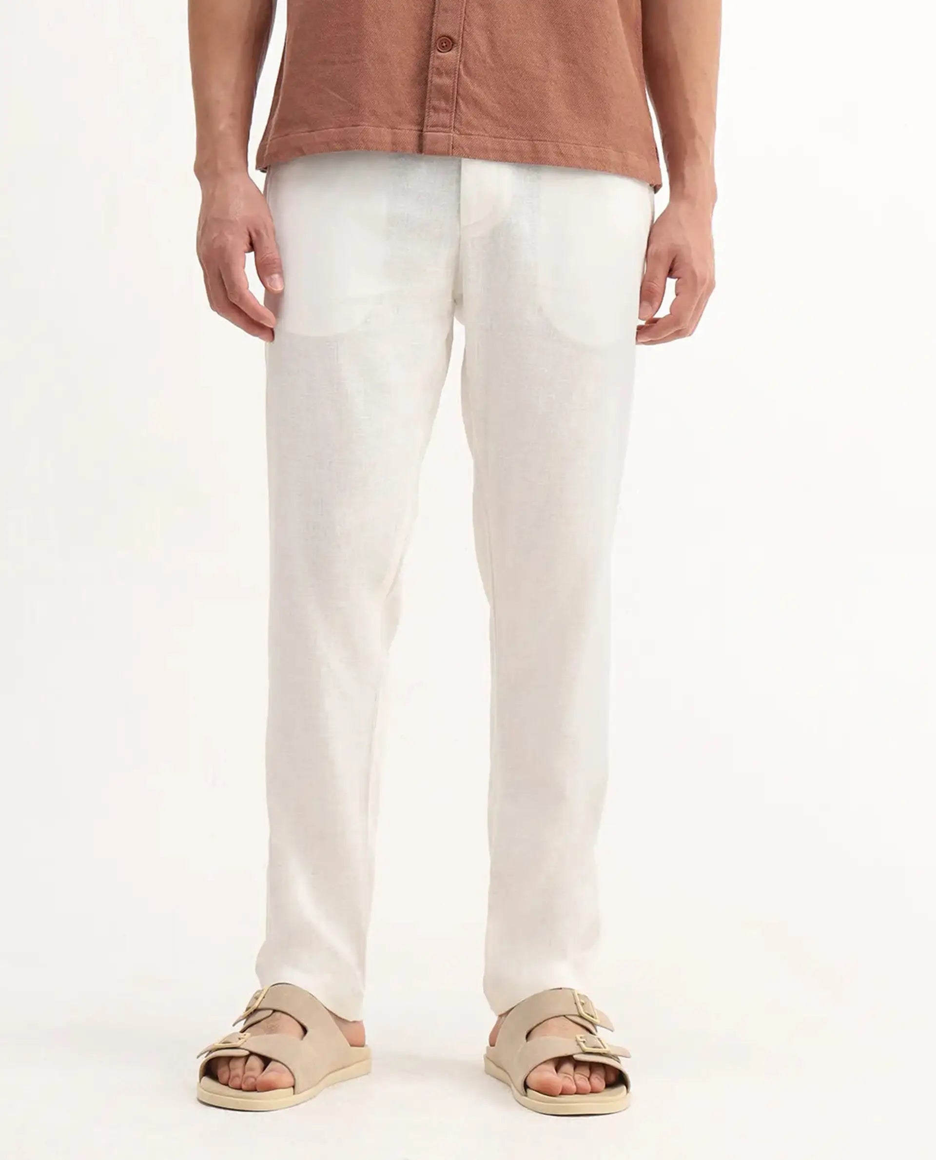 Rare Rabbit Men's Jomo-B White Linen Blend Plain Regular Fit Trouser
