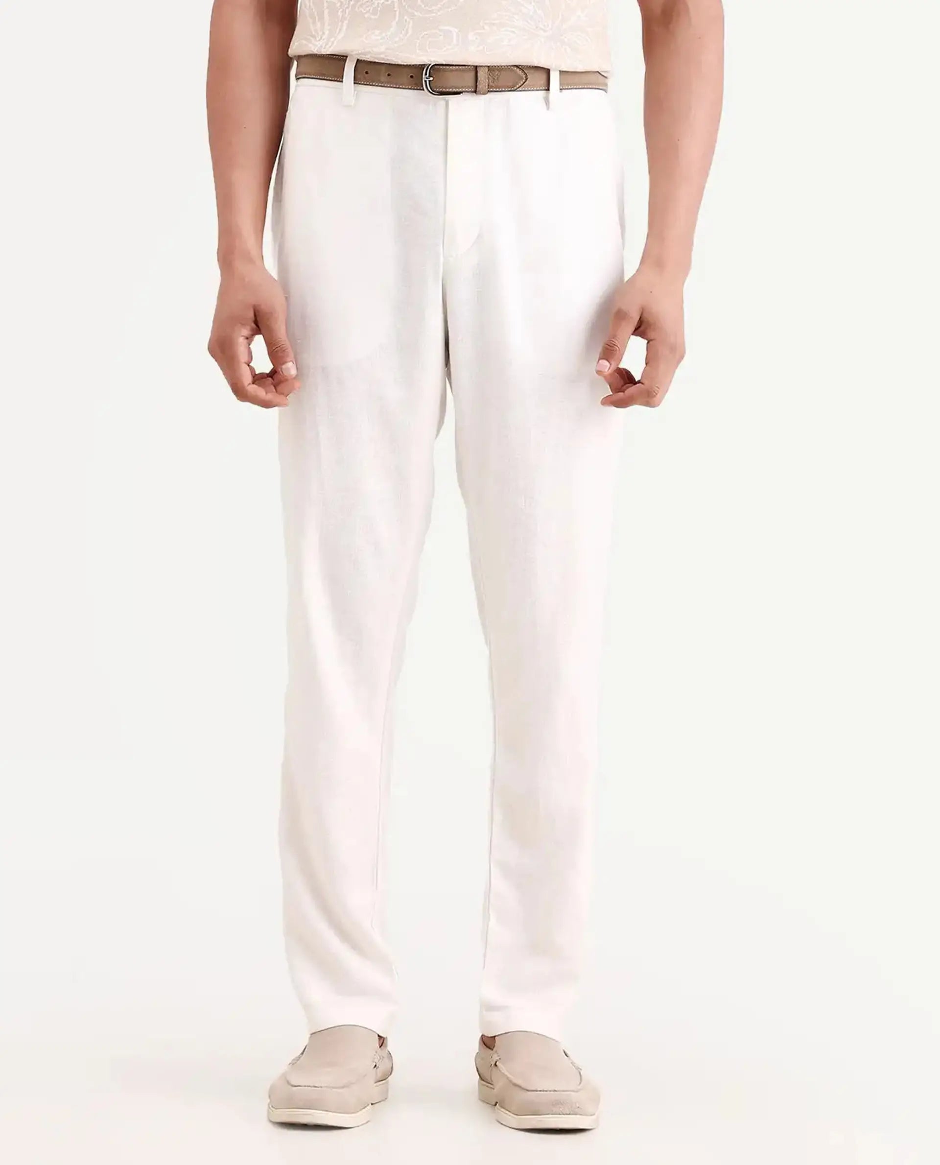 Rare Rabbit Men's Jomo-Ss26 Off White Linen Blend Fabric Regular Fit Plain Trouser