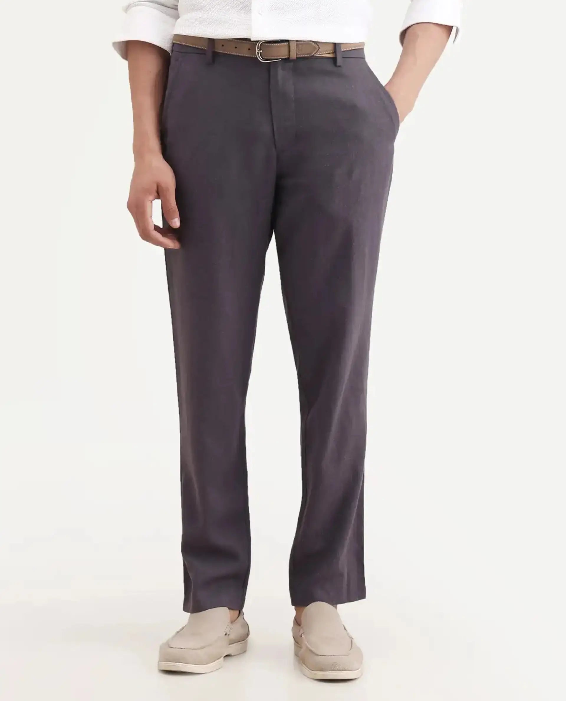 Rare Rabbit Men's Jomo-Ss26 Purple Linen Blend Fabric Regular Fit Plain Trouser