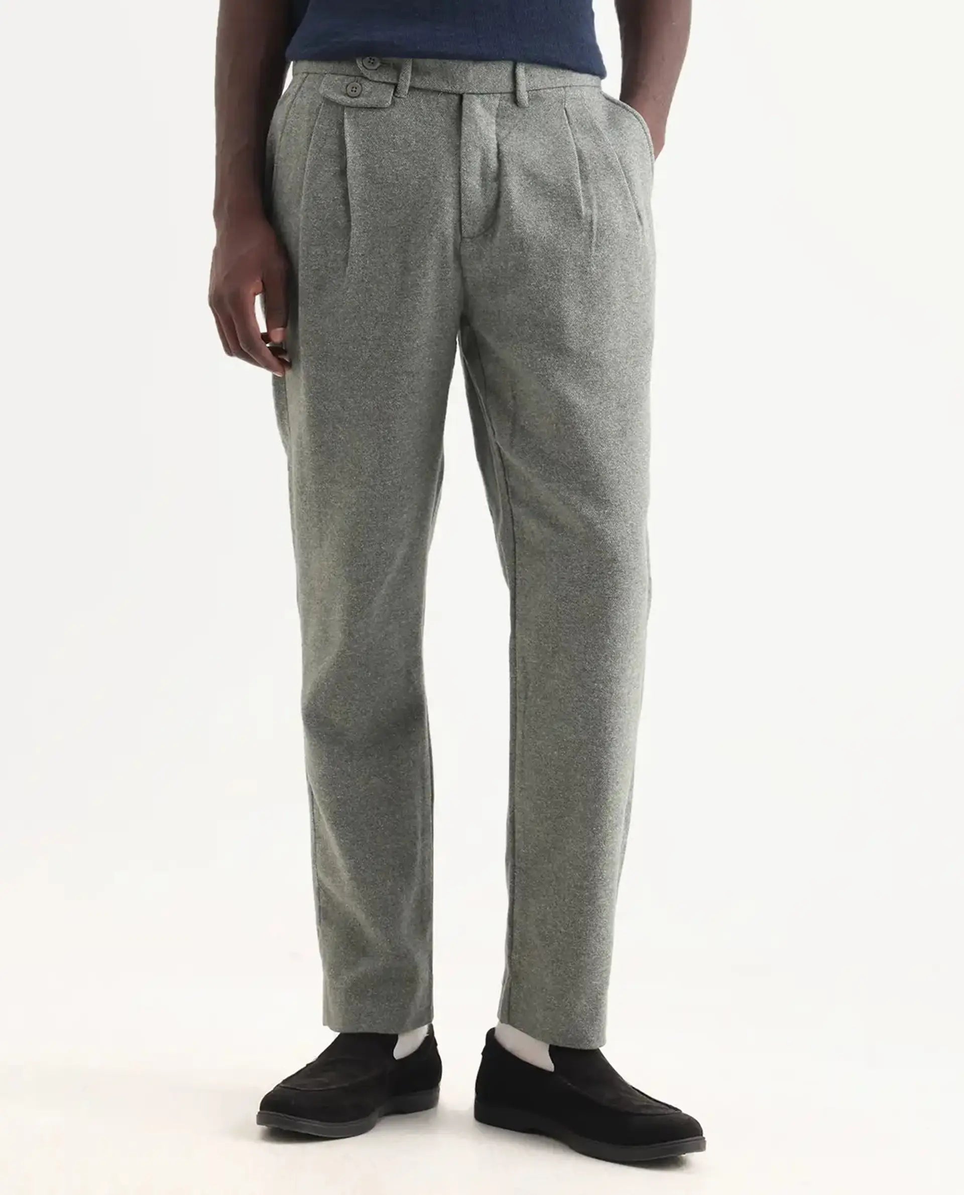 Rare Rabbit Men's Kaino Dark Green Felt Plain Regular Fit Trouser