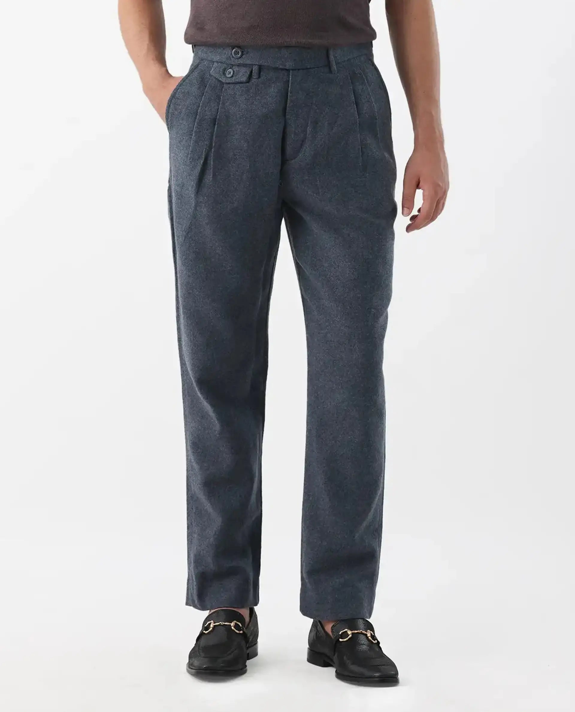 Rare Rabbit Men's Kaino Navy 100% Linen Plain Regular Fit Trouser