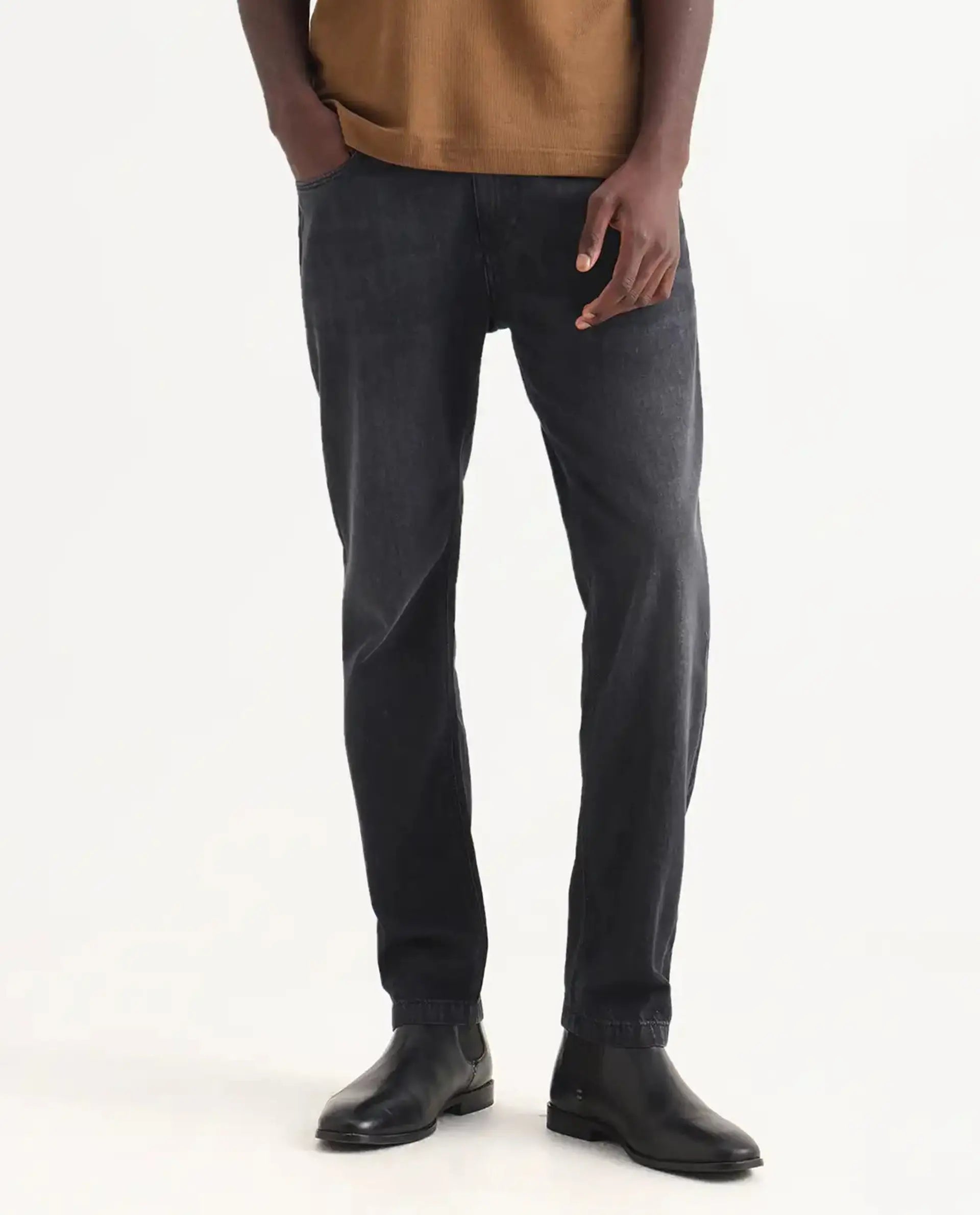 Rare Rabbit Men's Kairo-1 Black Cotton Plain Kurt Carrot Fit Jeans