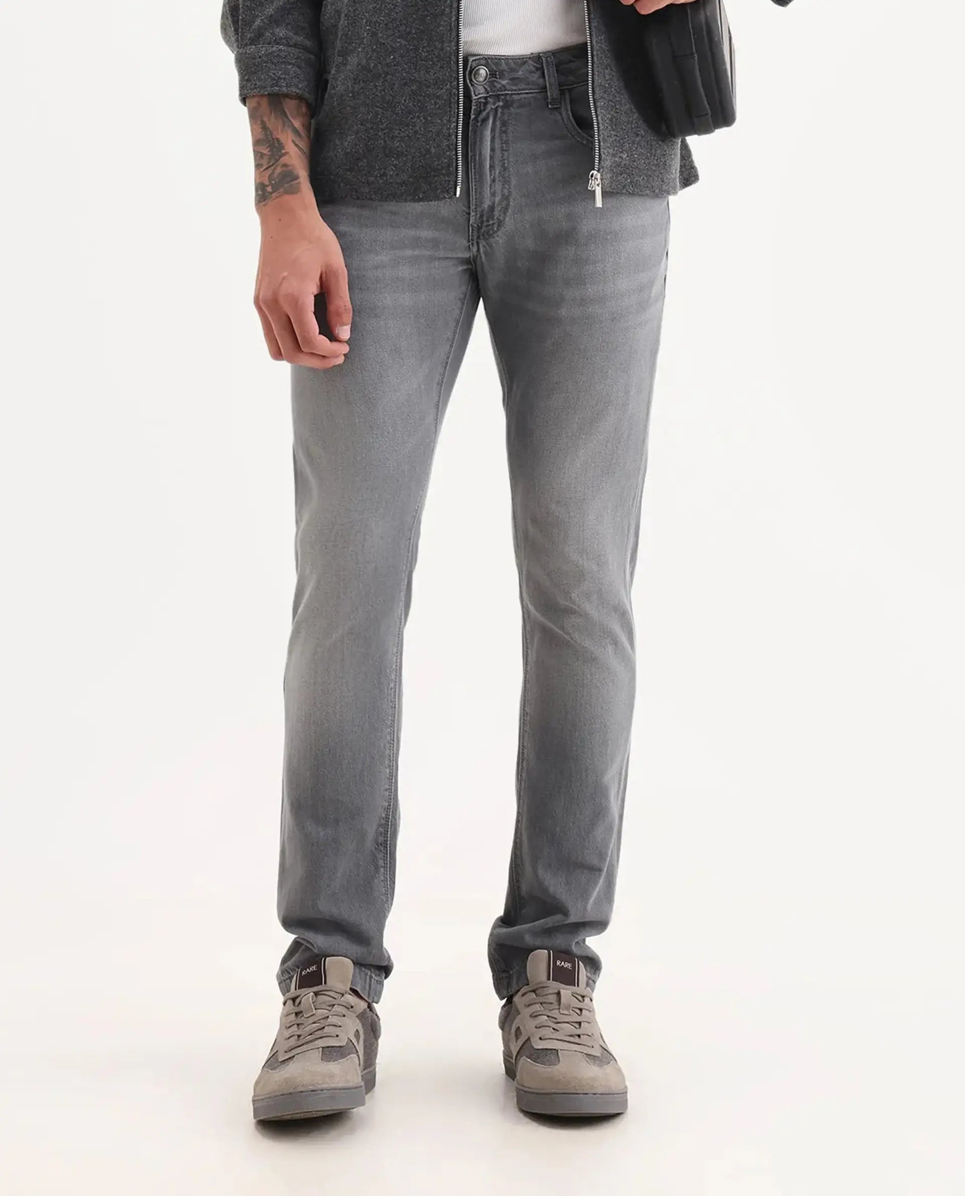 Rare Rabbit Men's Kairo-2 Grey Cotton Fabric Kurt Carrot Plain Jeans