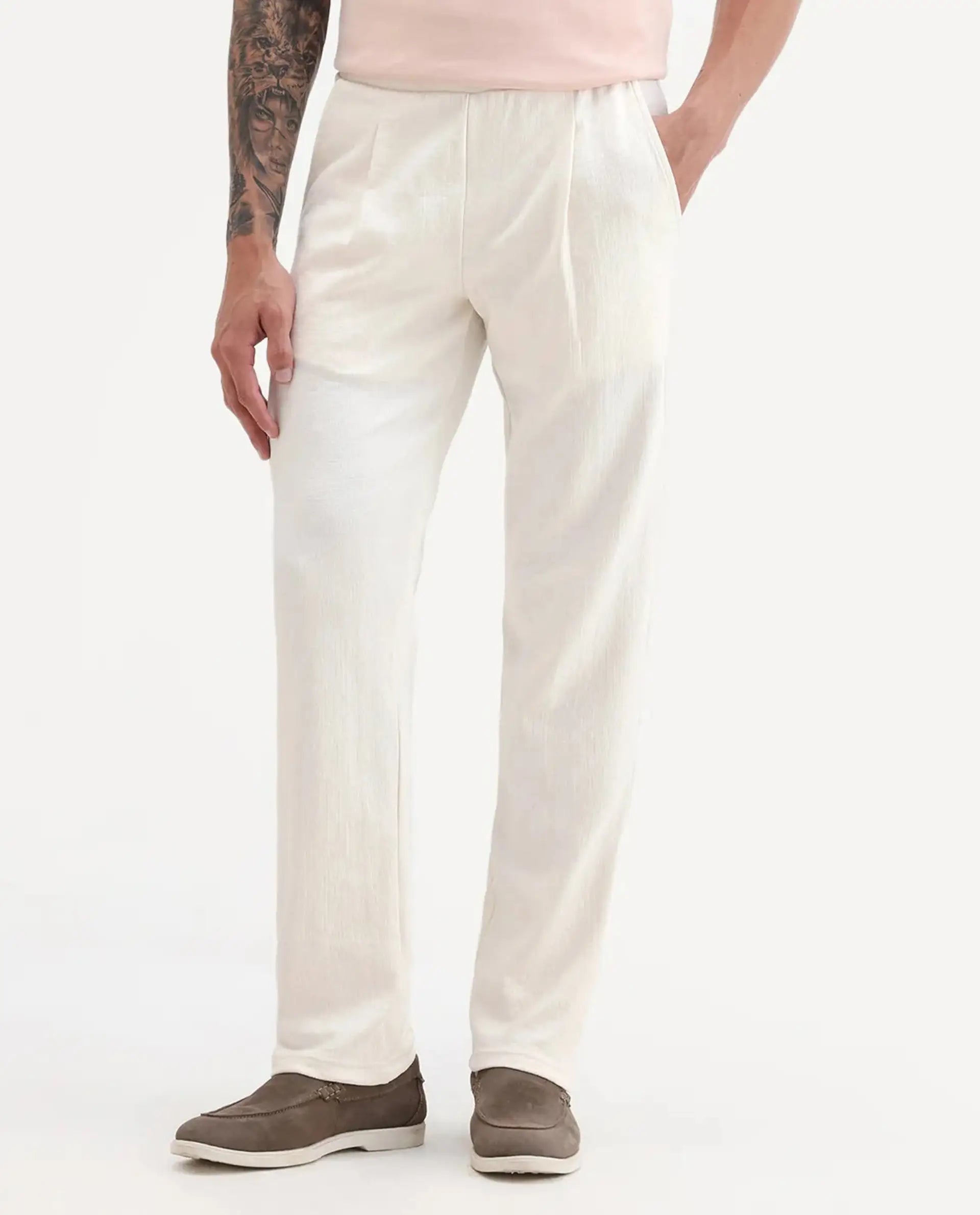 Rare Rabbit Men's Kelo Off White Cotton Blend Plain Regular Fit Trouser