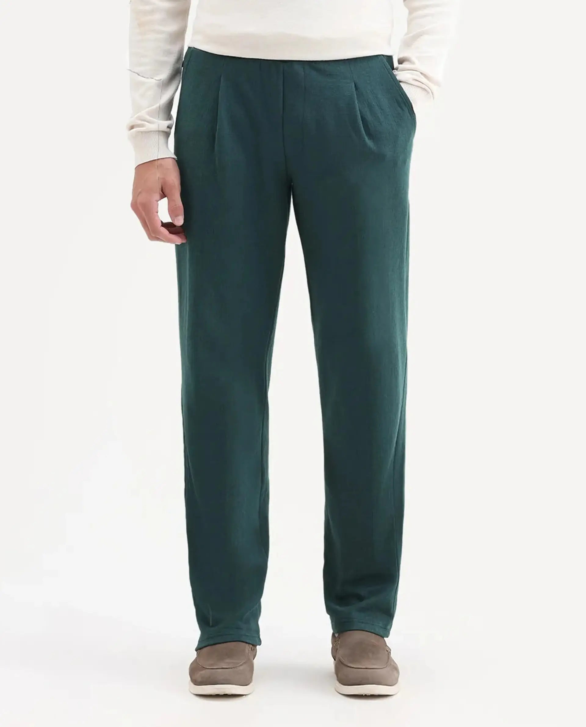 Rare Rabbit Men's Kelo Teal Cotton Blend Plain Regular Fit Trouser