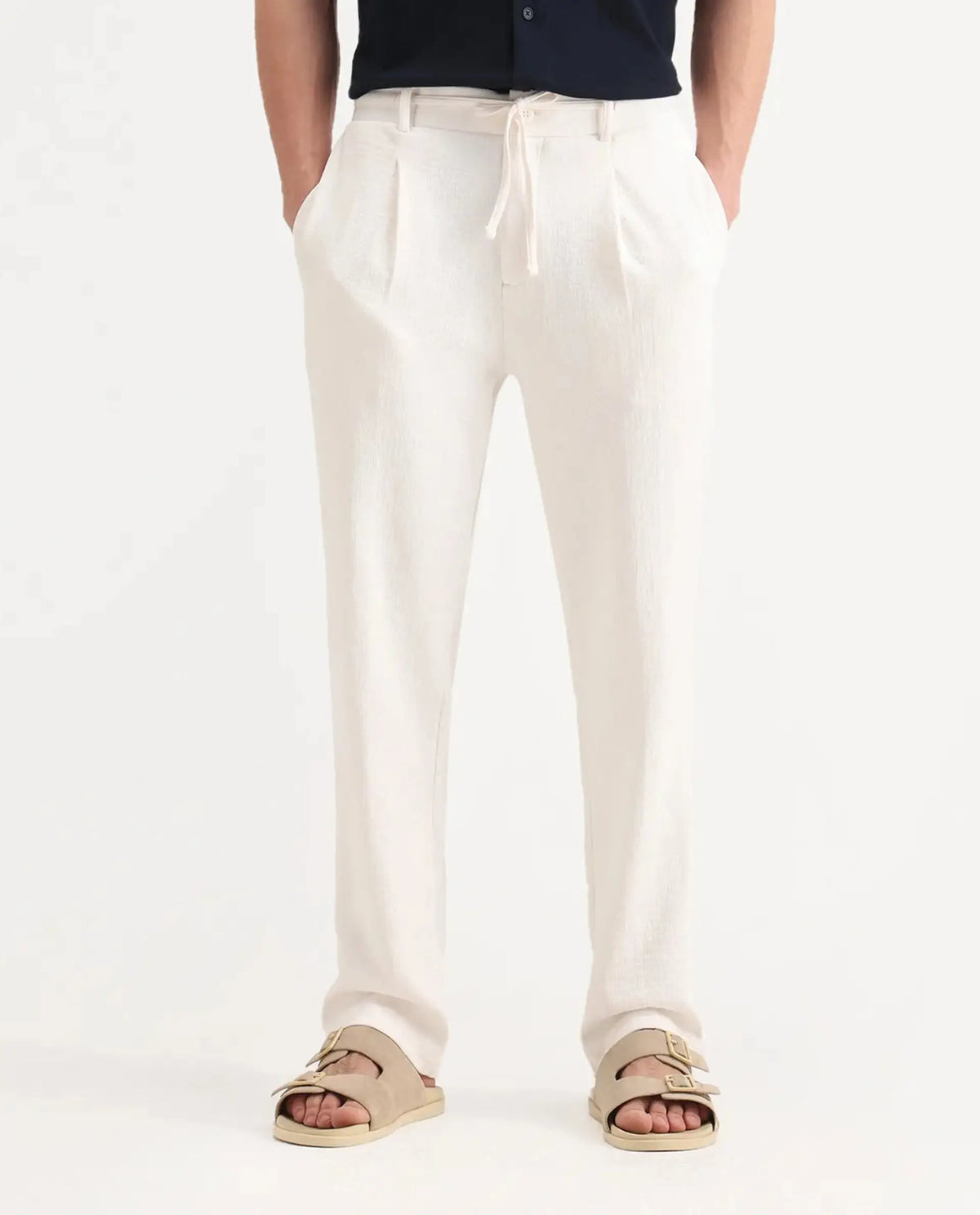 Rare Rabbit Men's Keloe Off White Cotton Blend Plain Relaxed Fit Trouser