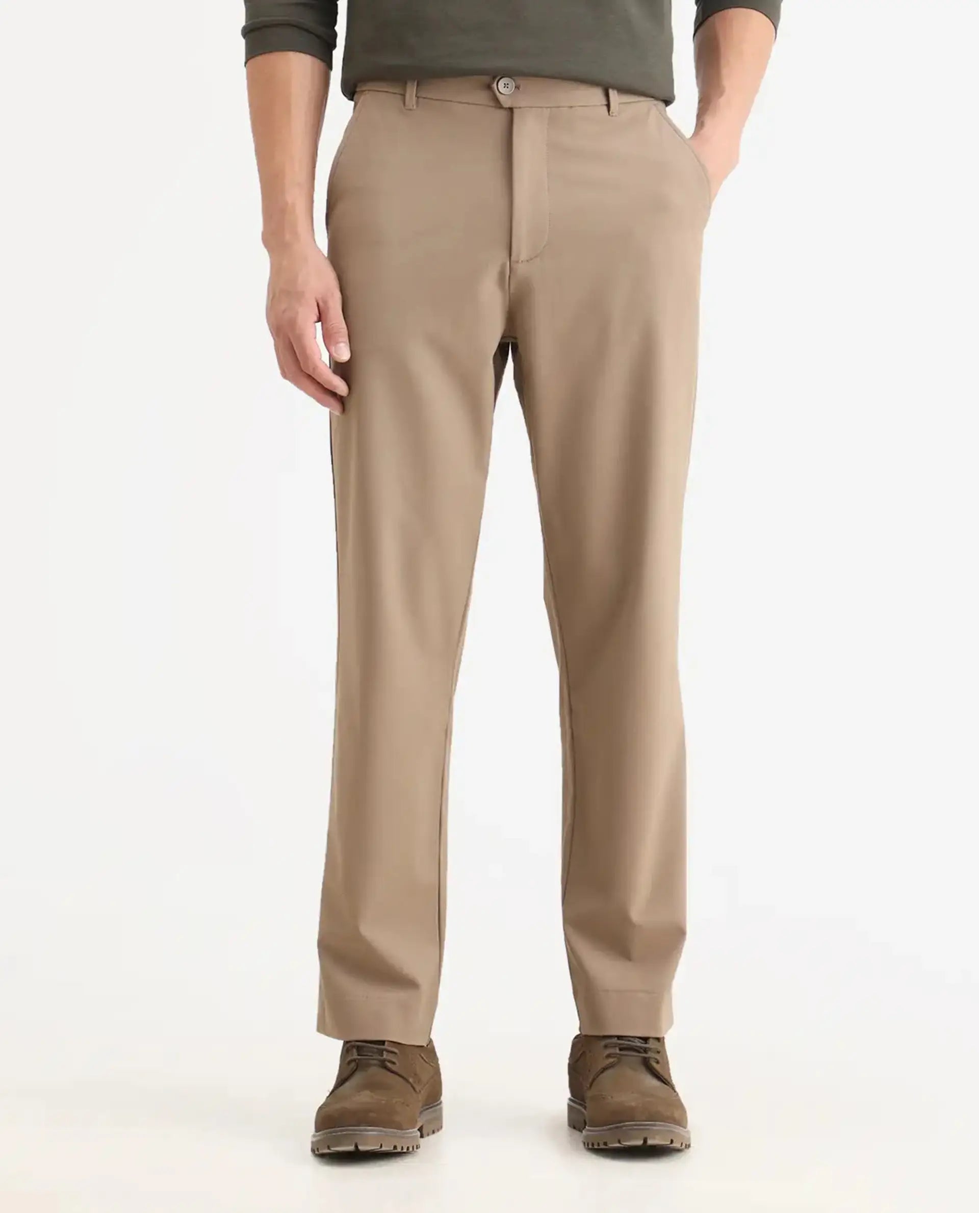 Rare Rabbit Men Kenal Beige Polyester Blend Fabric Button Closure Plain Trouser