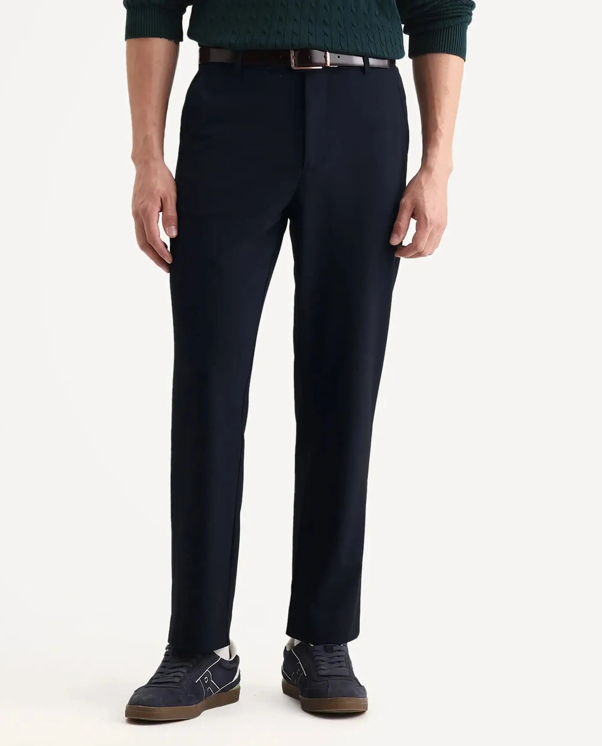 Rare Rabbit Men Kenal Navy Polyester Blend Fabric Button Closure Plain Trouser
