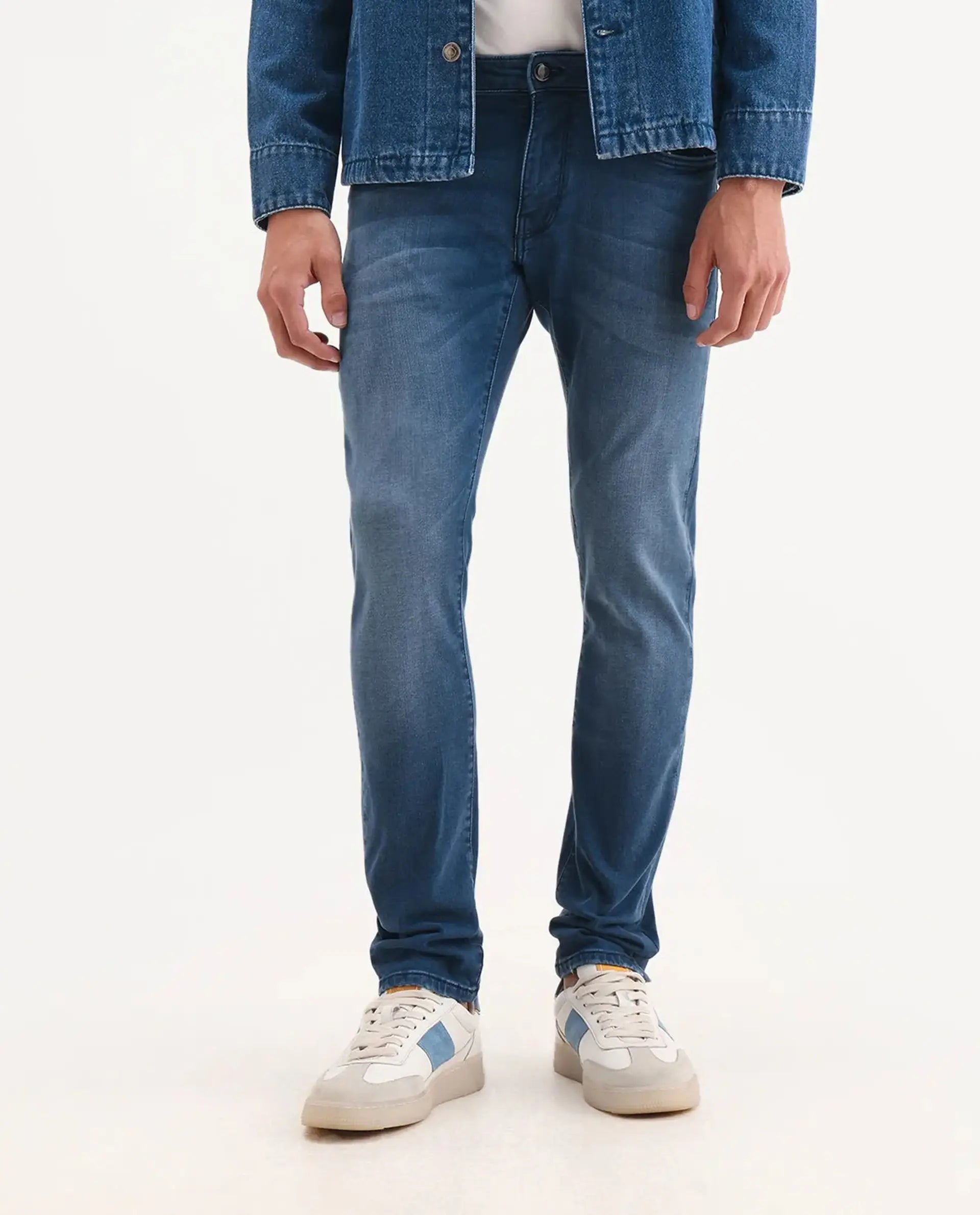 Rare Rabbit Men's Knoxo Blue Cotton Blend Fabric Hawk Slim Fit Plain Jeans