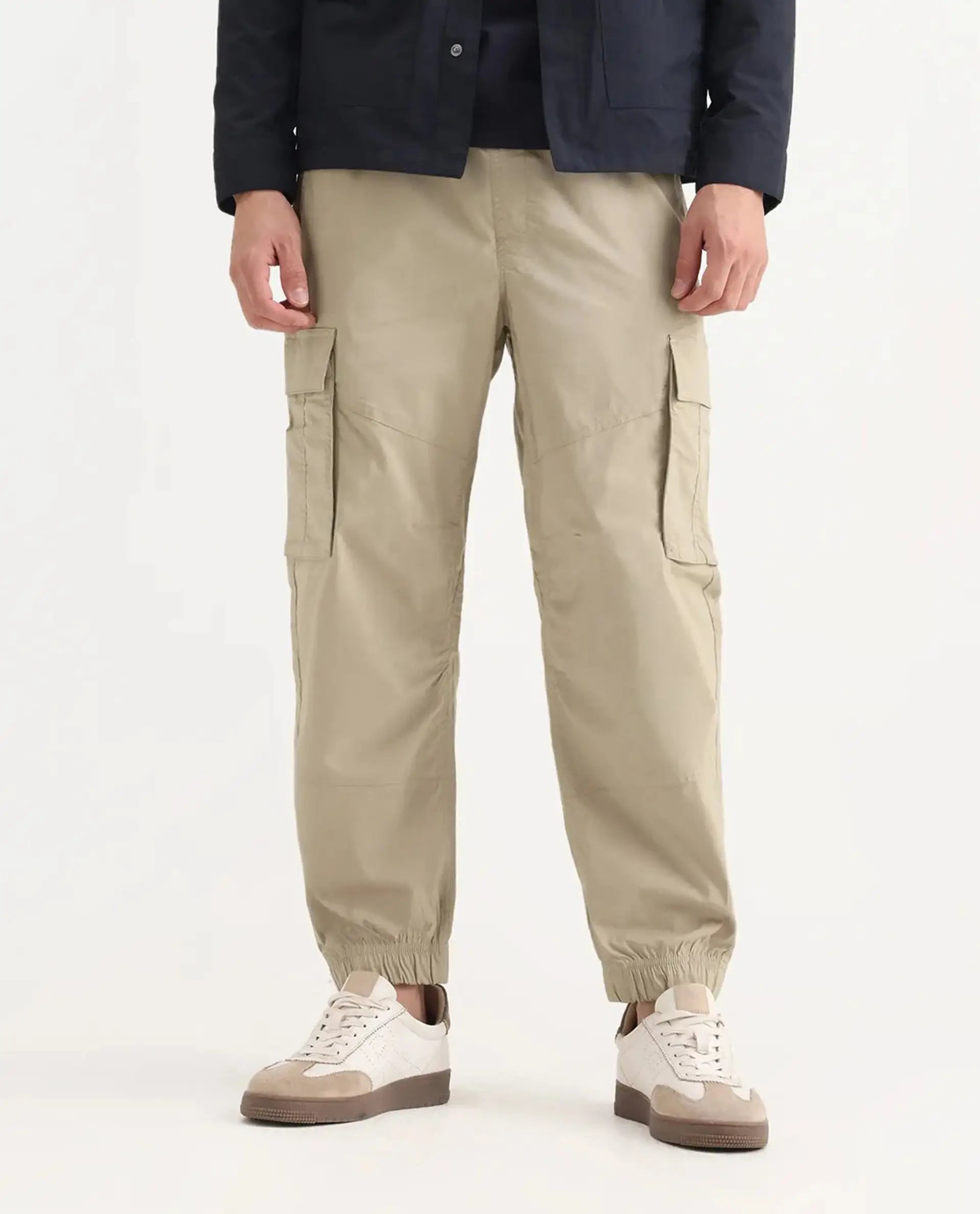 Rare Rabbit Men's Korb Beige Cotton Blend Plain Relaxed Fit Trouser