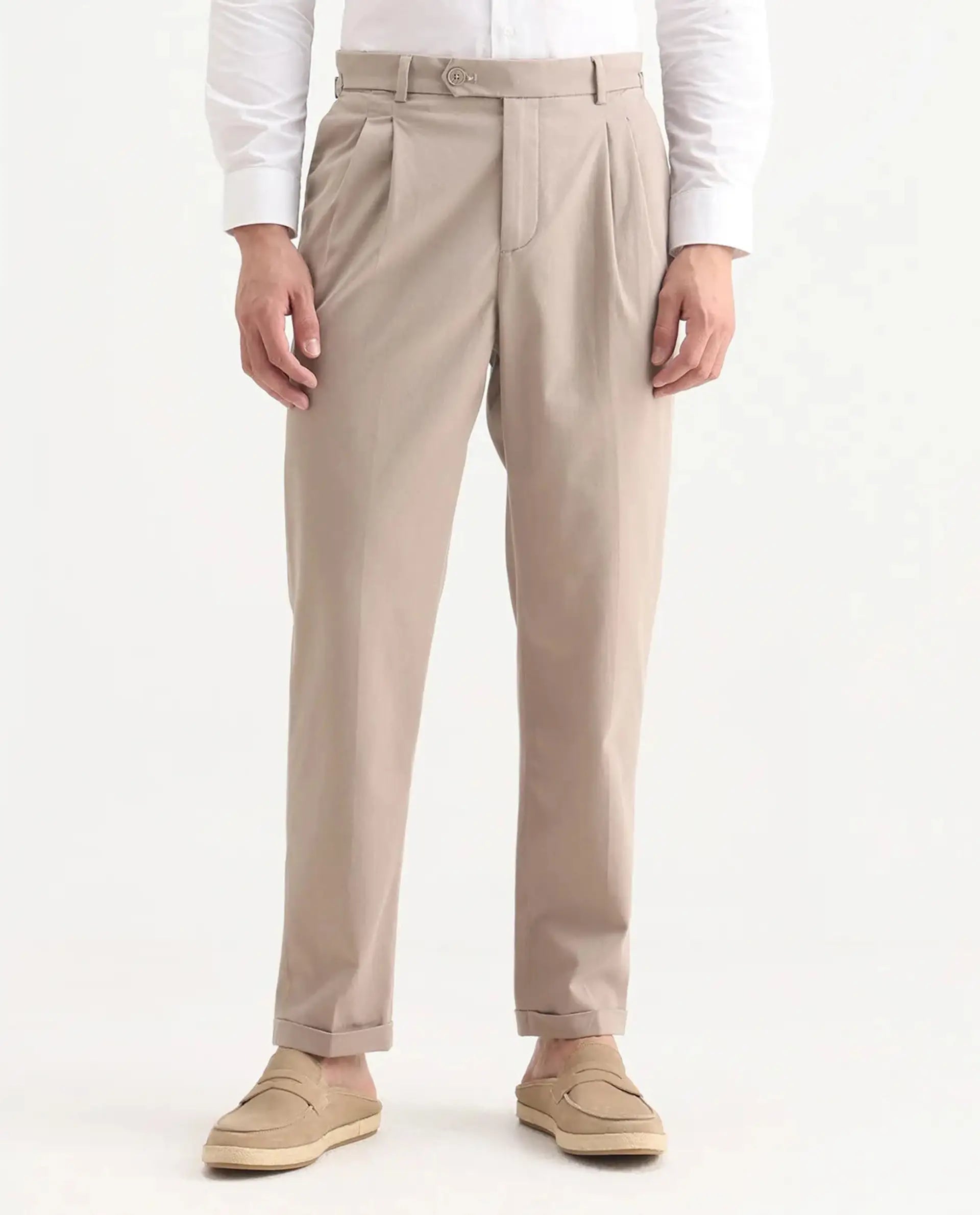 Rare Rabbit Men's Leni Dark Beige Cotton Blend Plain Regular Fit Trouser