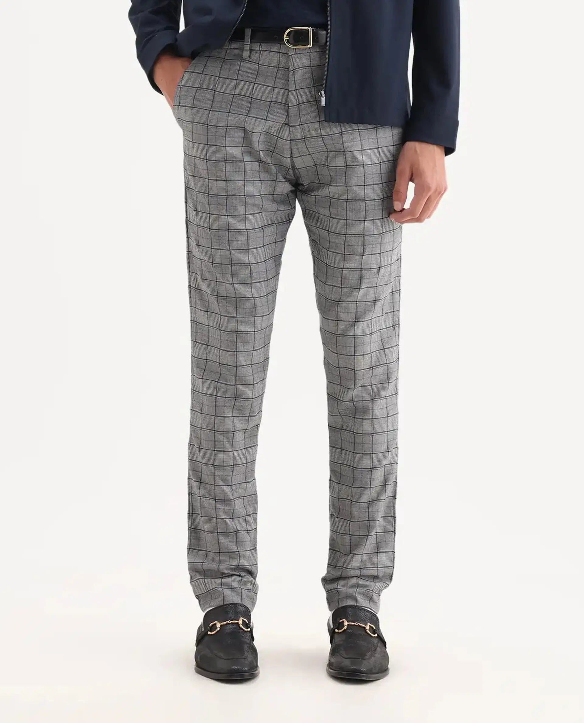 Rare Rabbit Men's Lenid Grey Polyester Checked Print Regular Fit Trouser
