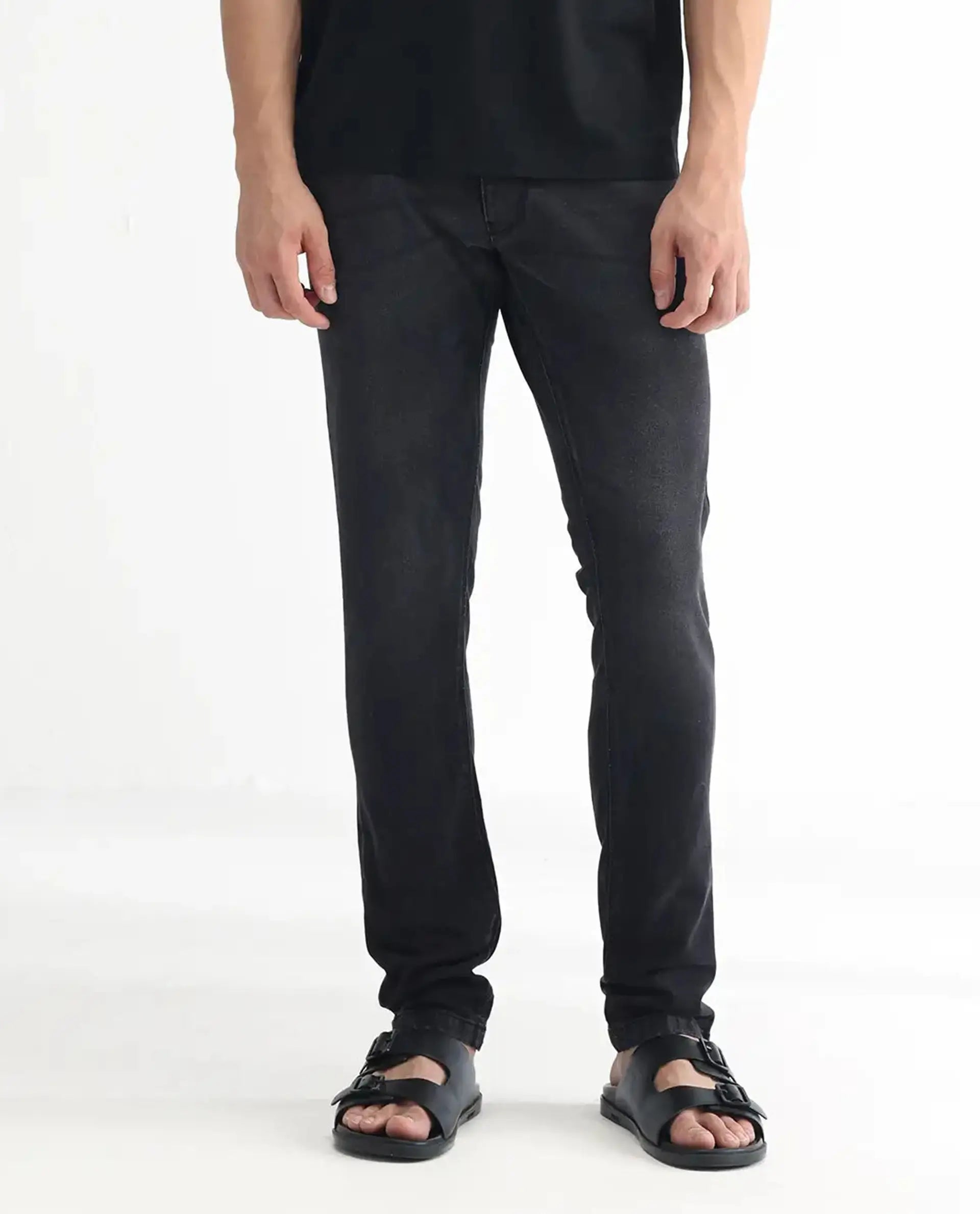 Rare Rabbit Men's Linea Black Cotton Plain Hawk Slim Fit Jeans