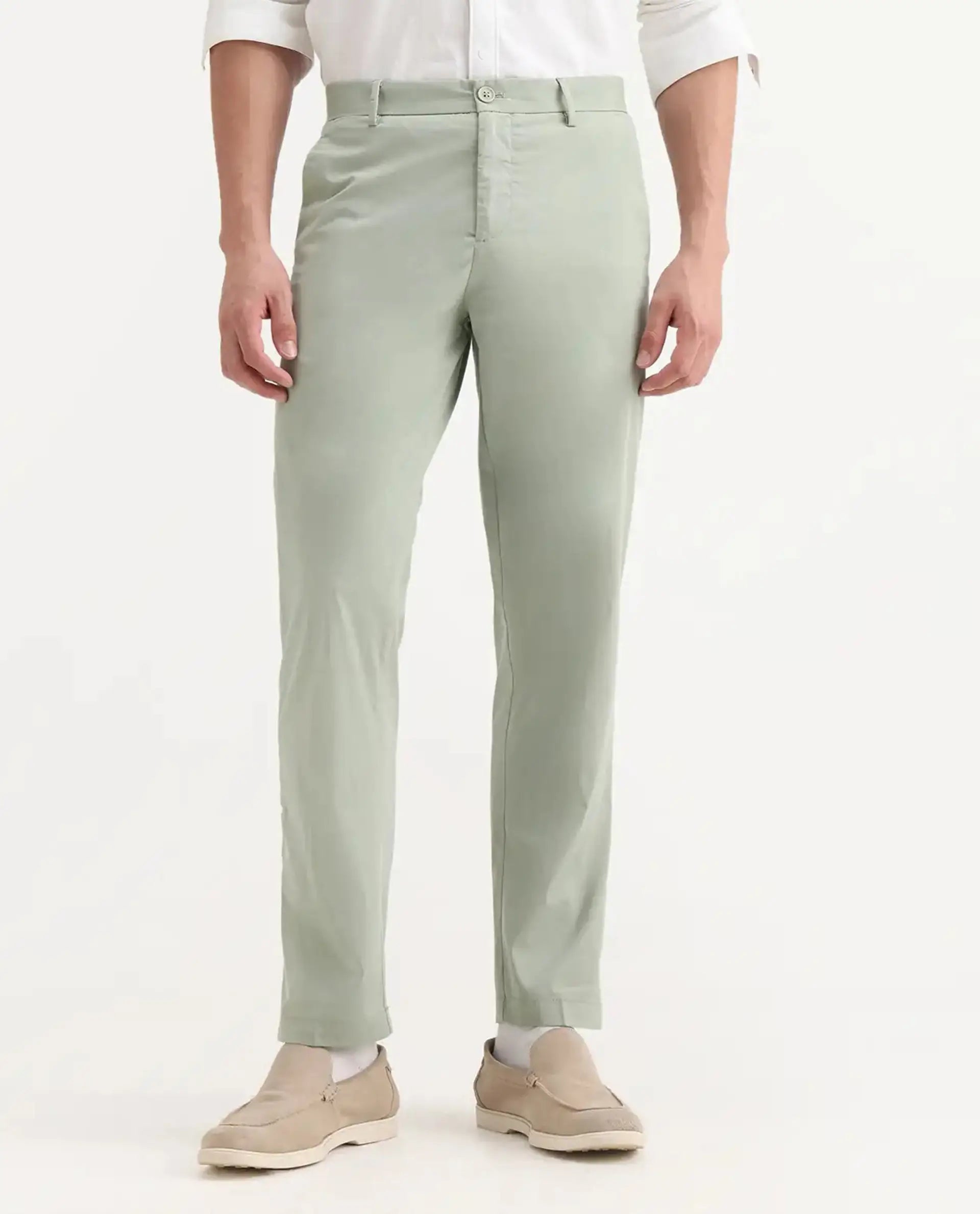 Rare Rabbit Men's Linotel Pastel Green Cotton Blend Plain Regular Fit Trouser