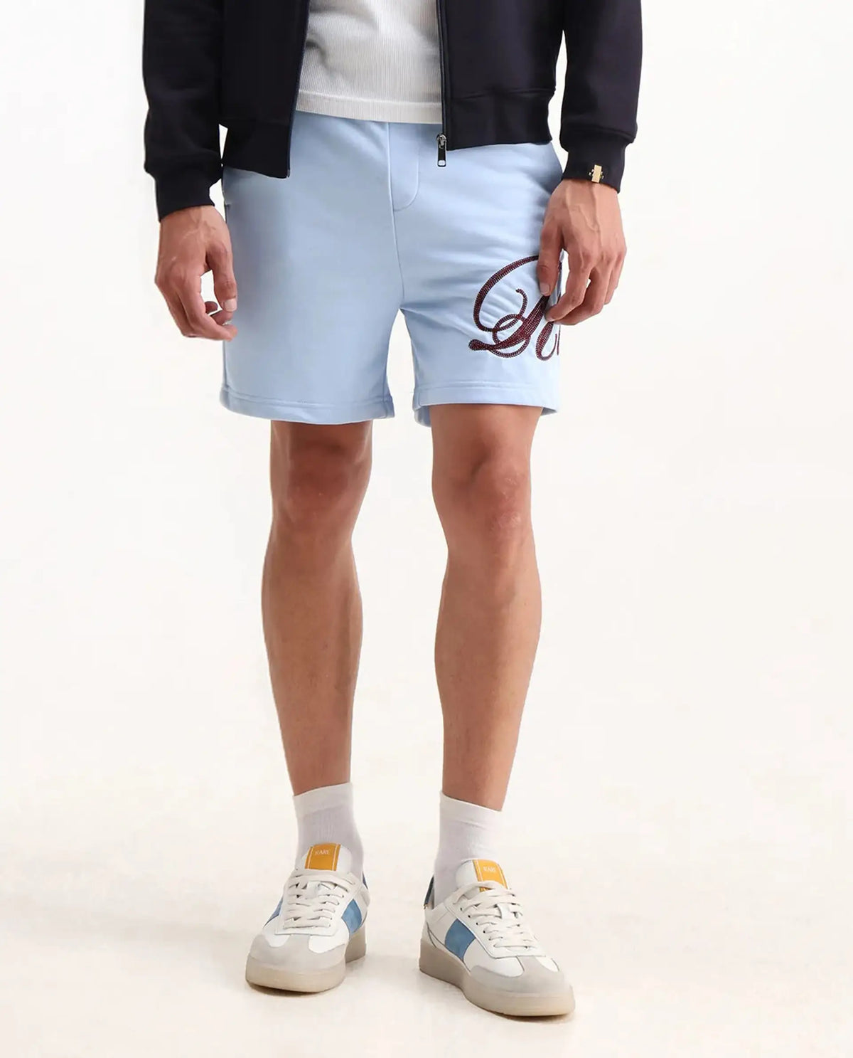 Rare Rabbit Men's Loito Light Blue Cotton Blend Embroidered Regular Fit Shorts