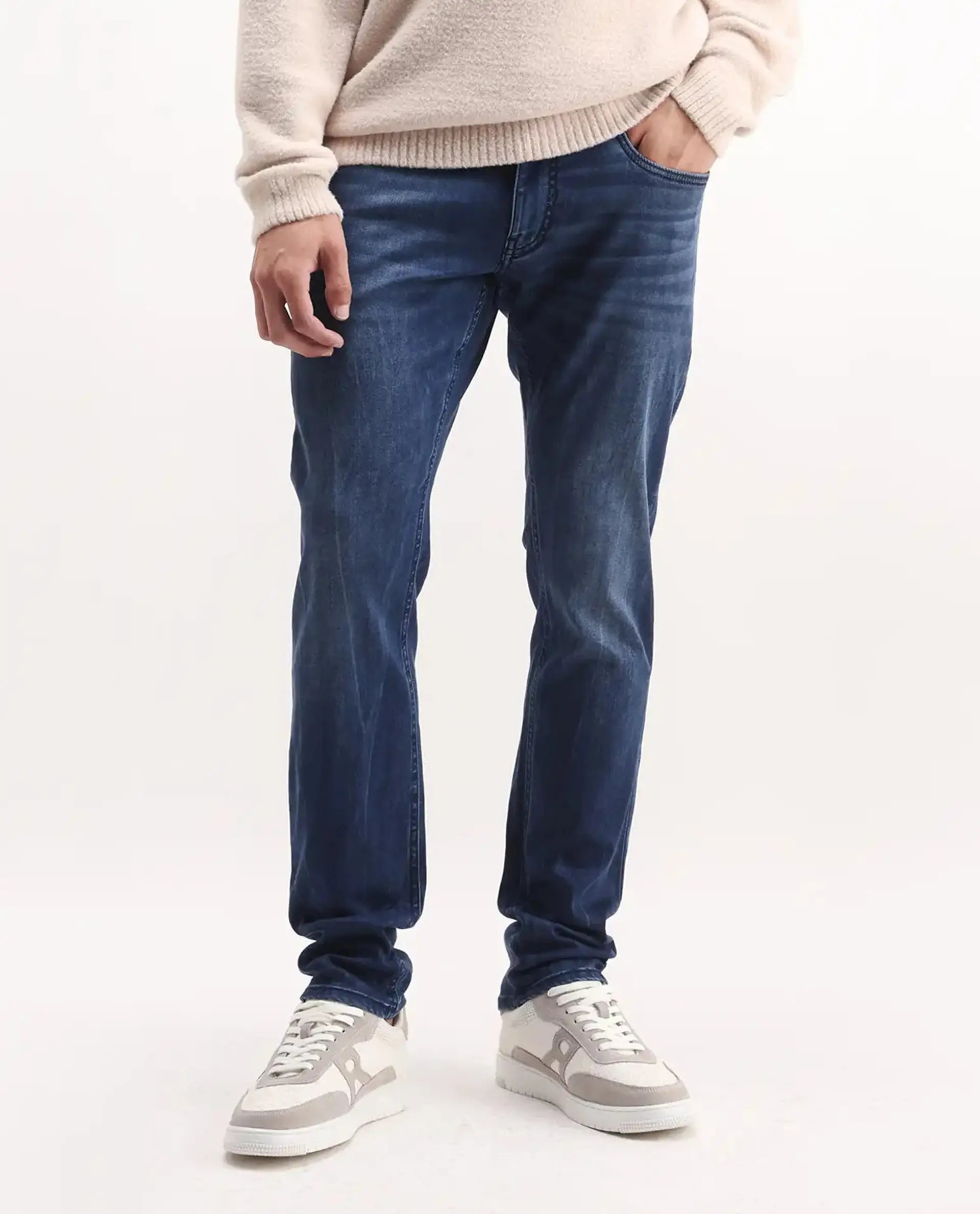 Rare Rabbit Men's Lucas-S Dark Blue Cotton Blend Plain Hawk Slim Fit Jeans
