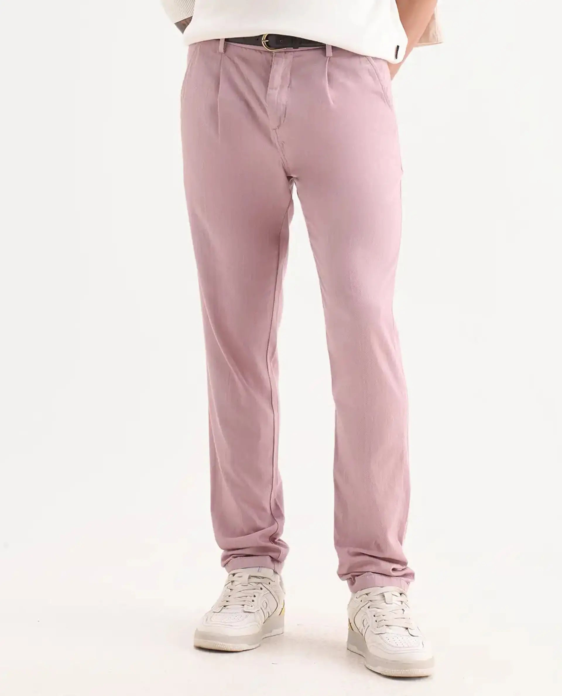 Rare Rabbit Men's Lyte Pink Cotton Plain Regular Fit Trouser