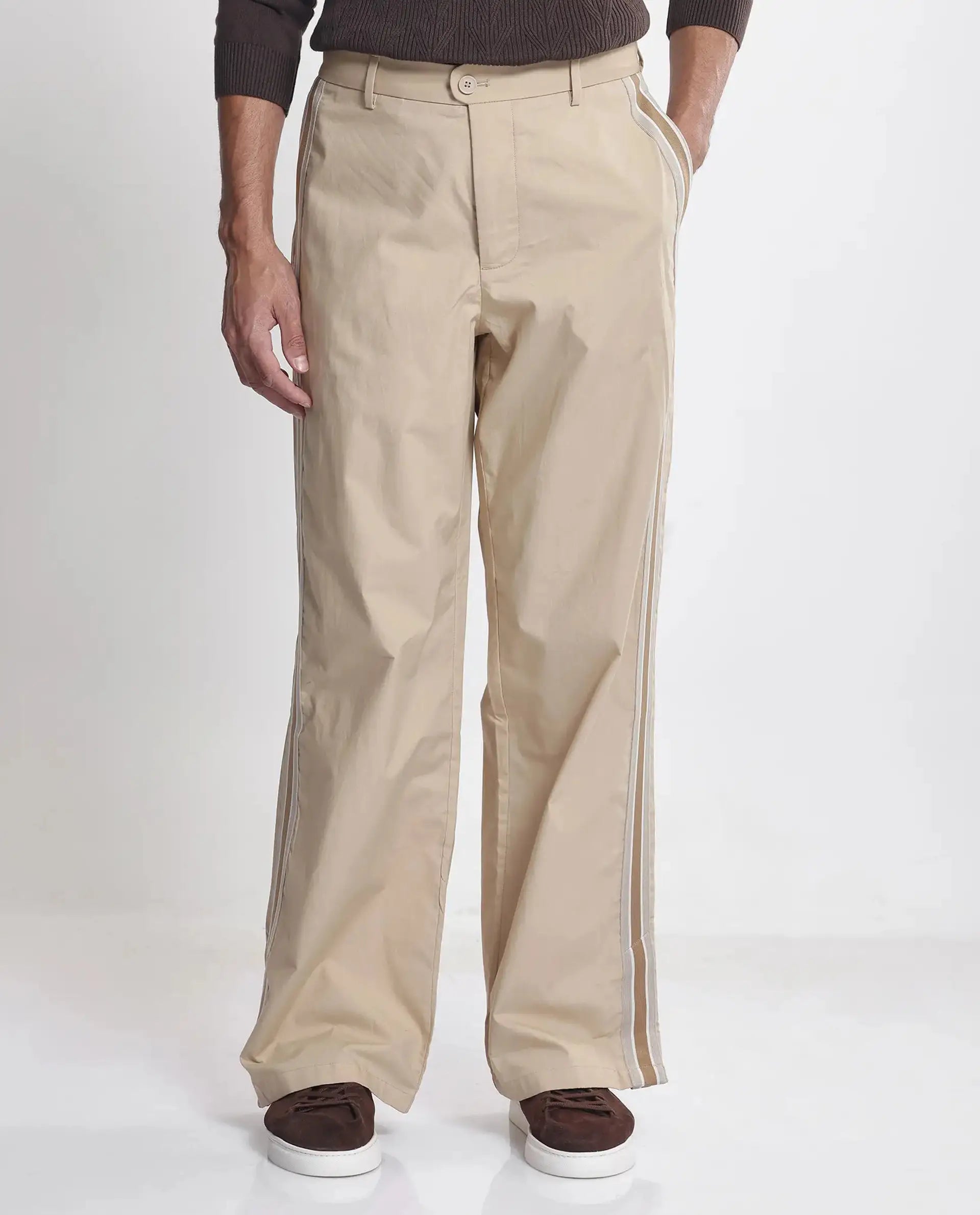 Rare Rabbit Men's Macon Beige Cotton Plain Baggy Fit Track Pant