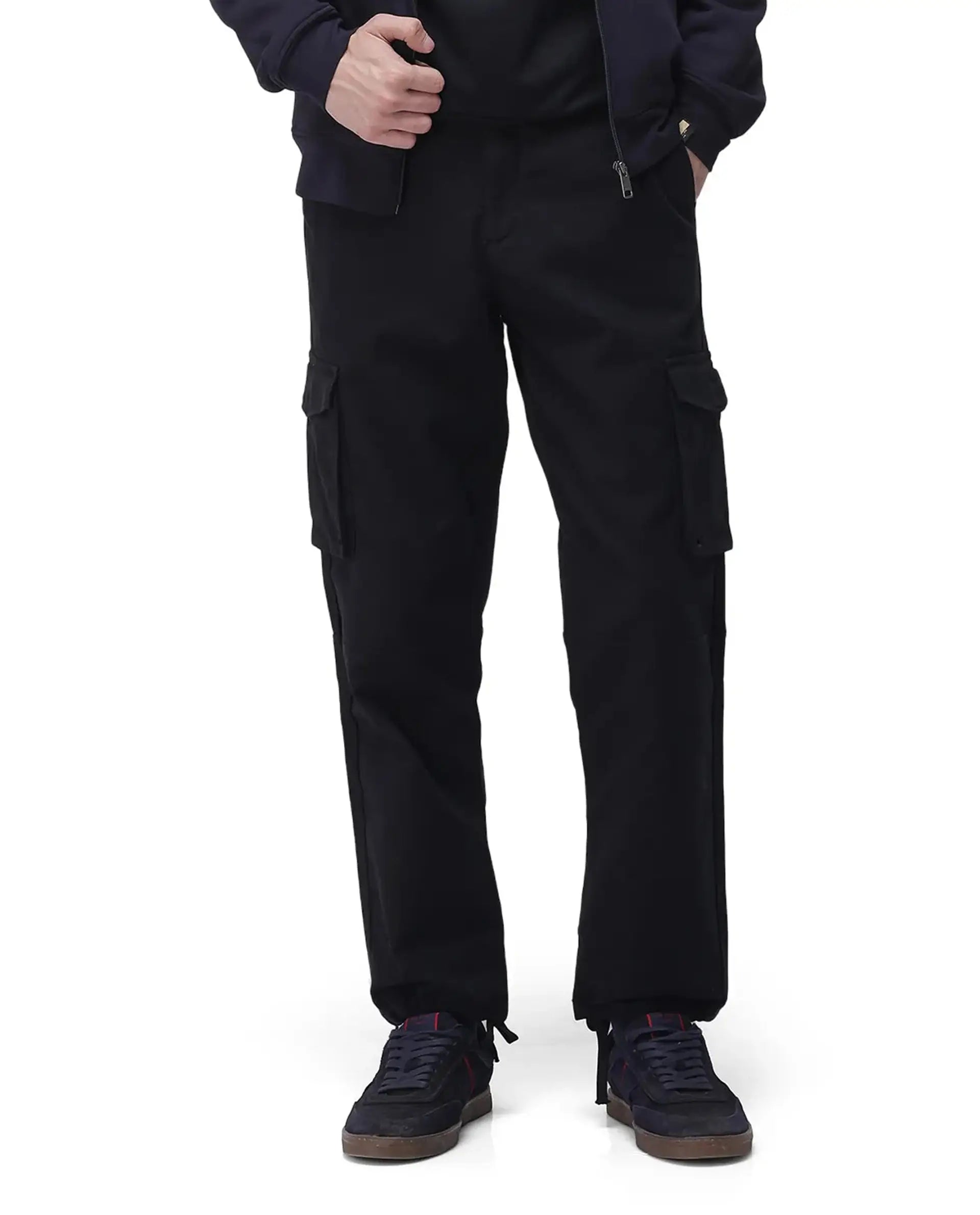 Rare Rabbit Men's Maks Black Cotton Plain Regular Fit Trouser