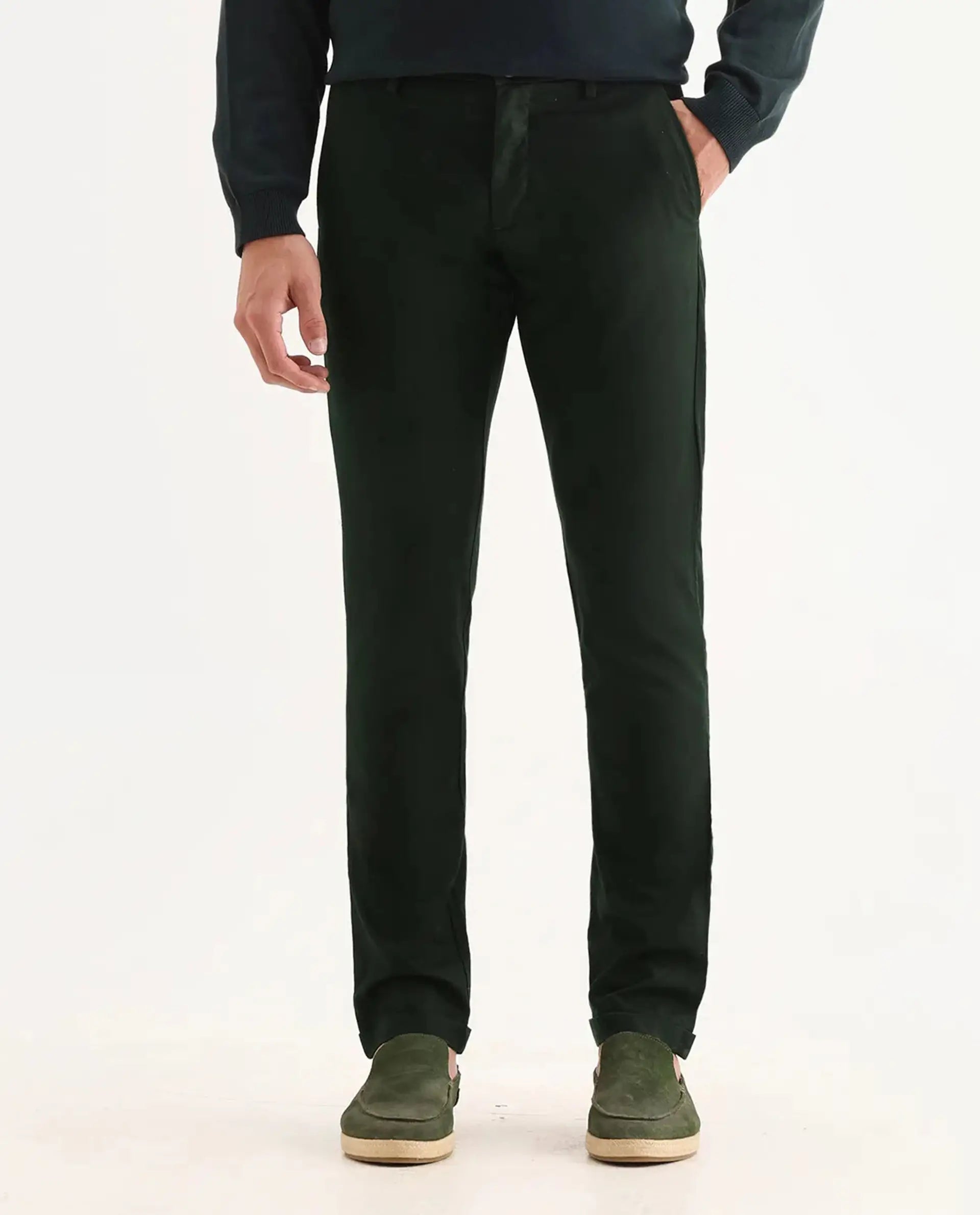 Rare Rabbit Men's Mazzio Green Cotton Jacquard Slim Fit Trouser
