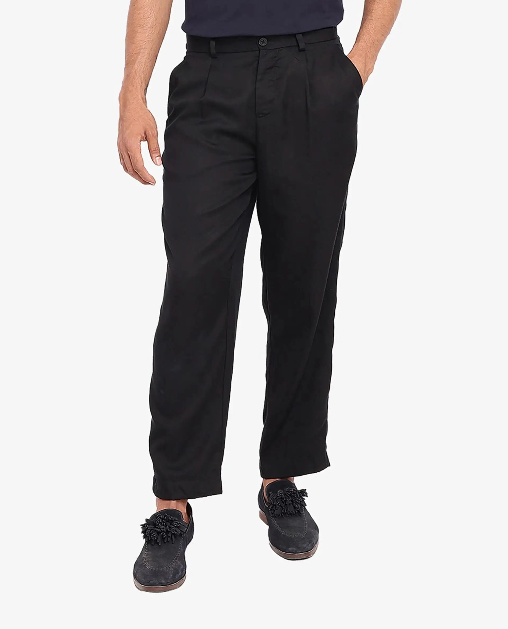 Rare Rabbit Men's Memos Black Tencel Plain Regular Fit Trouser