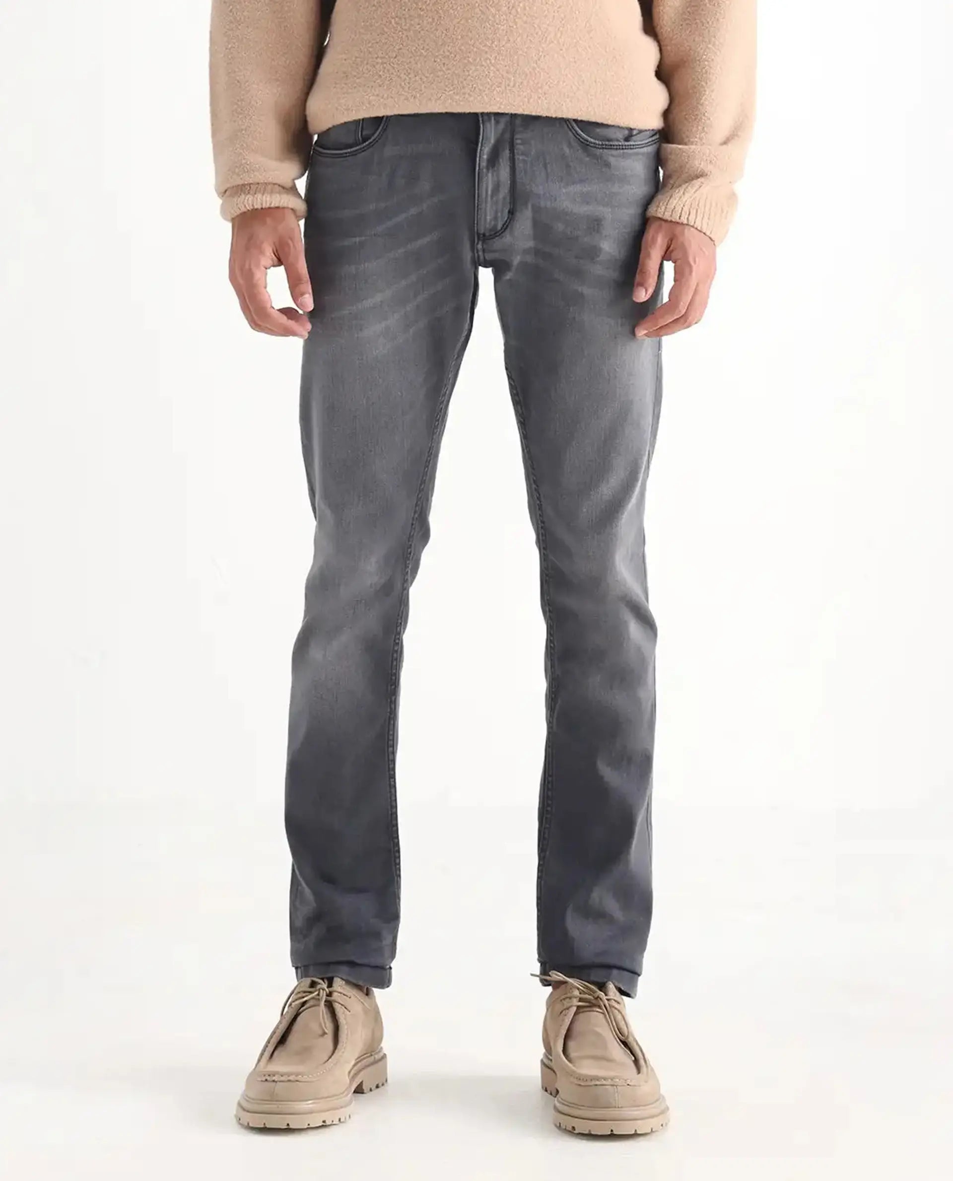 Rare Rabbit Men's Mesa Grey Cotton Blend Plain Hawk Slim Fit Jeans