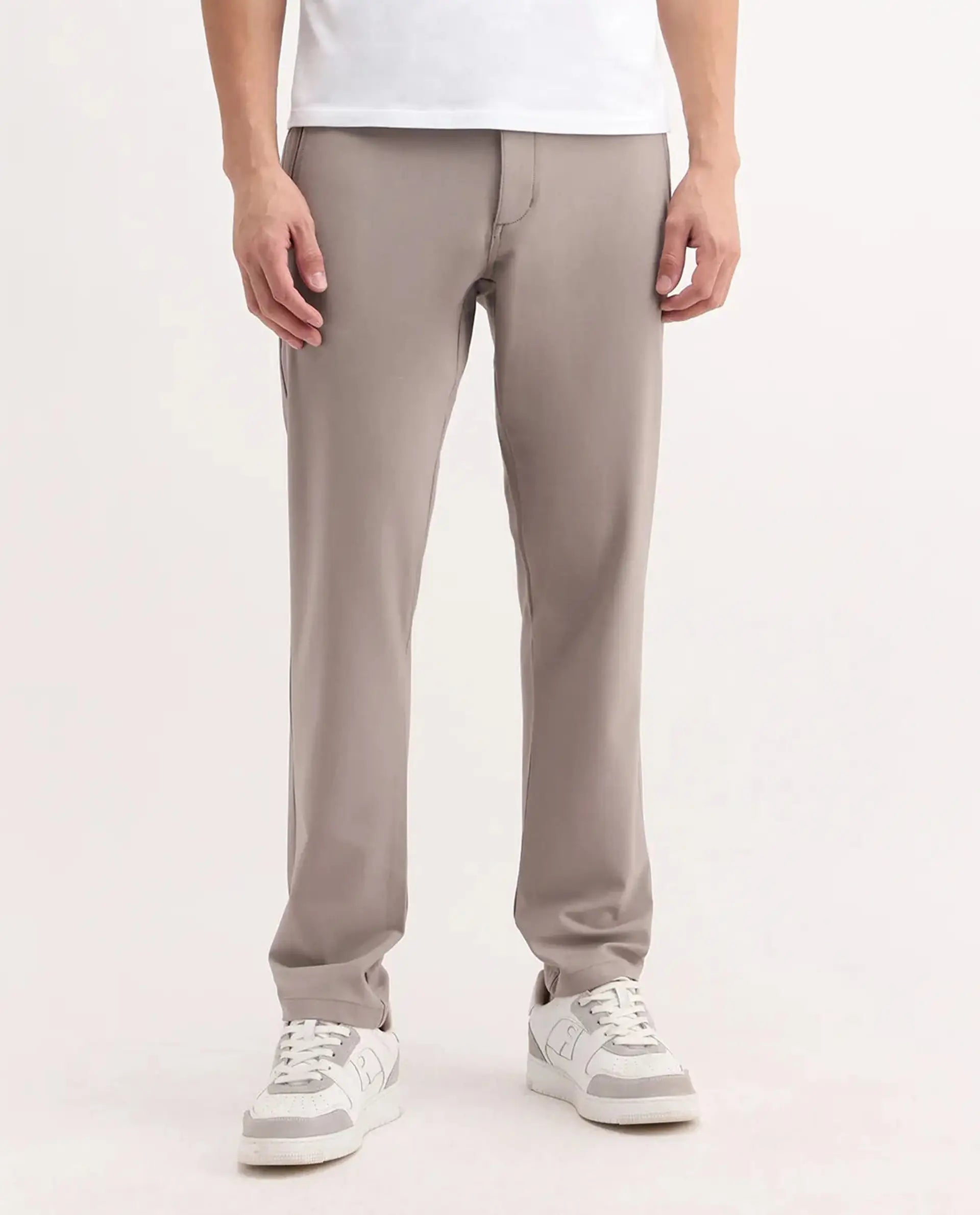 Rare Rabbit Men's Move-25 Beige Polyester Blend Plain Regular Fit Trouser