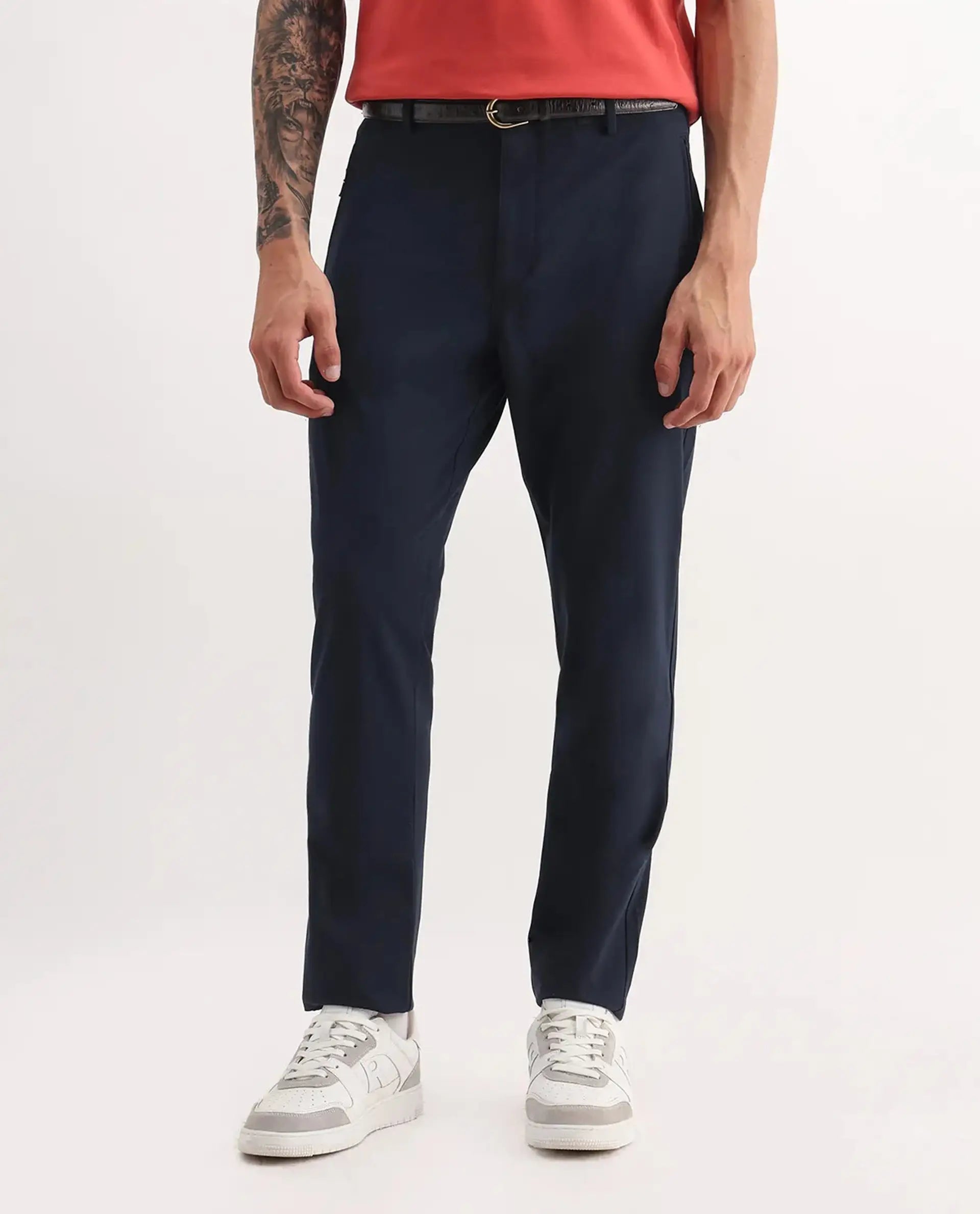 Rare Rabbit Men's Move-25 Navy Polyester Blend Plain Regular Fit Trouser