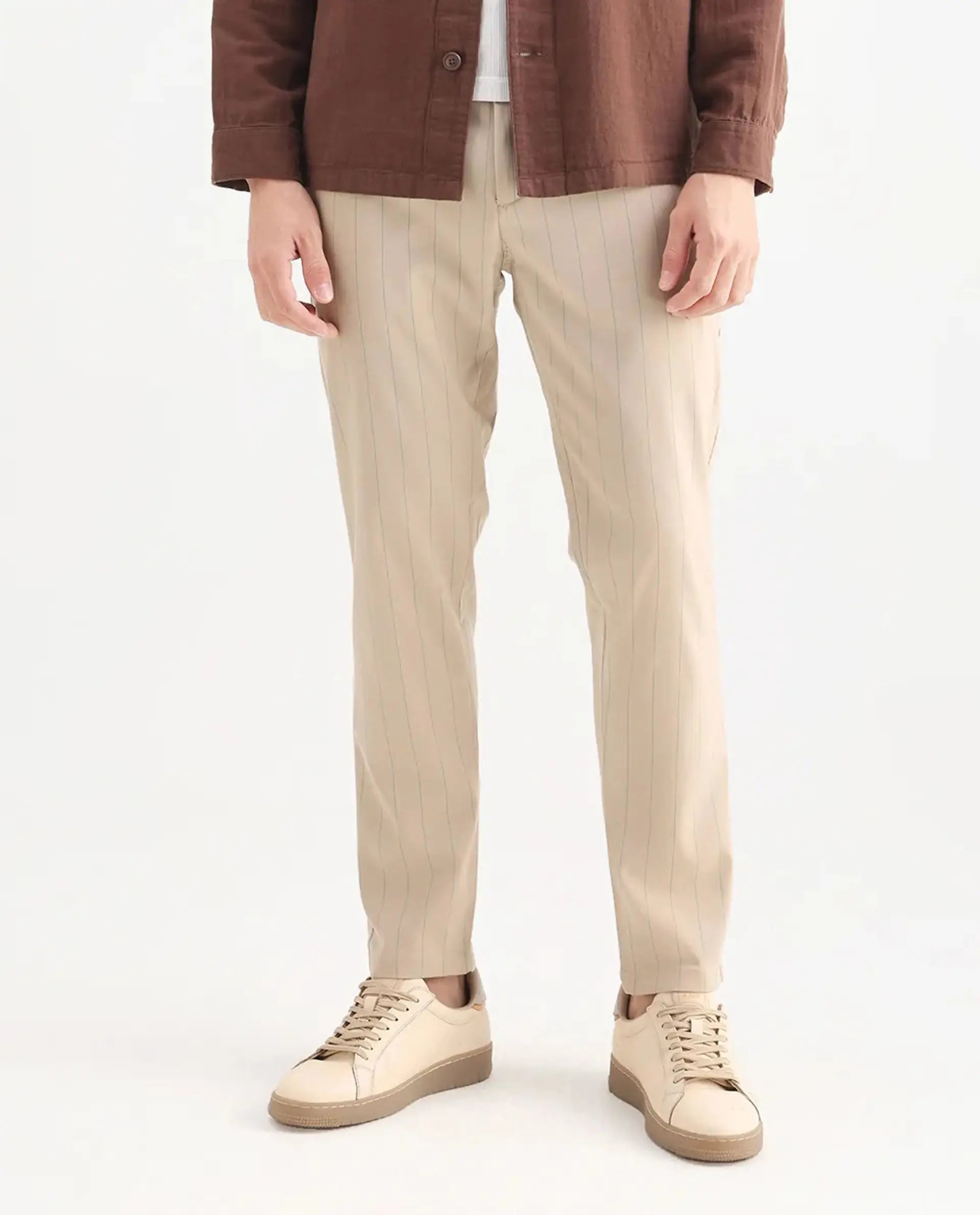 Rare Rabbit Men's Nelo Beige Cotton Striped Print Regular Fit Trouser