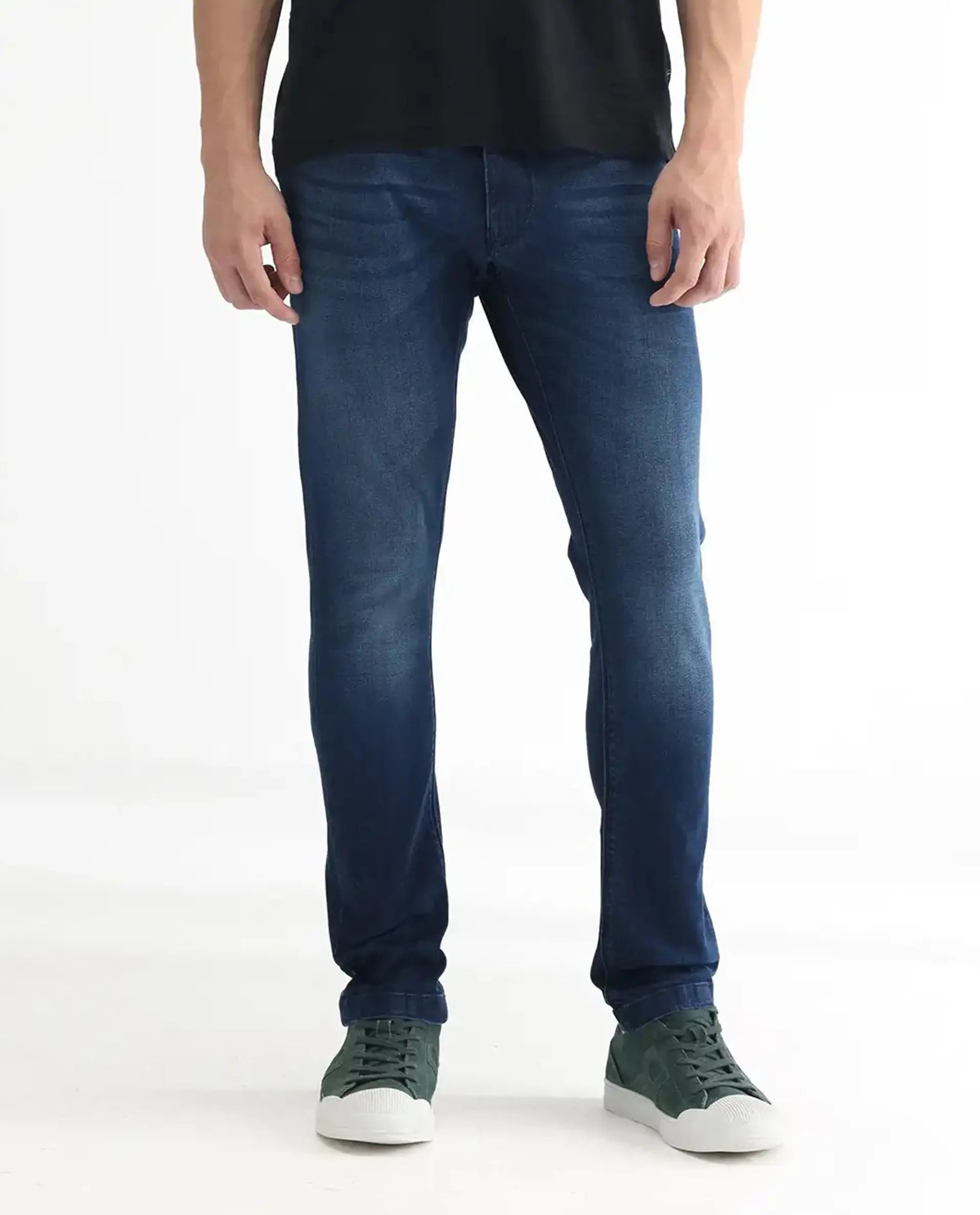 Rare Rabbit Men's Night Blue Cotton Plain Hawk Slim Fit Jeans