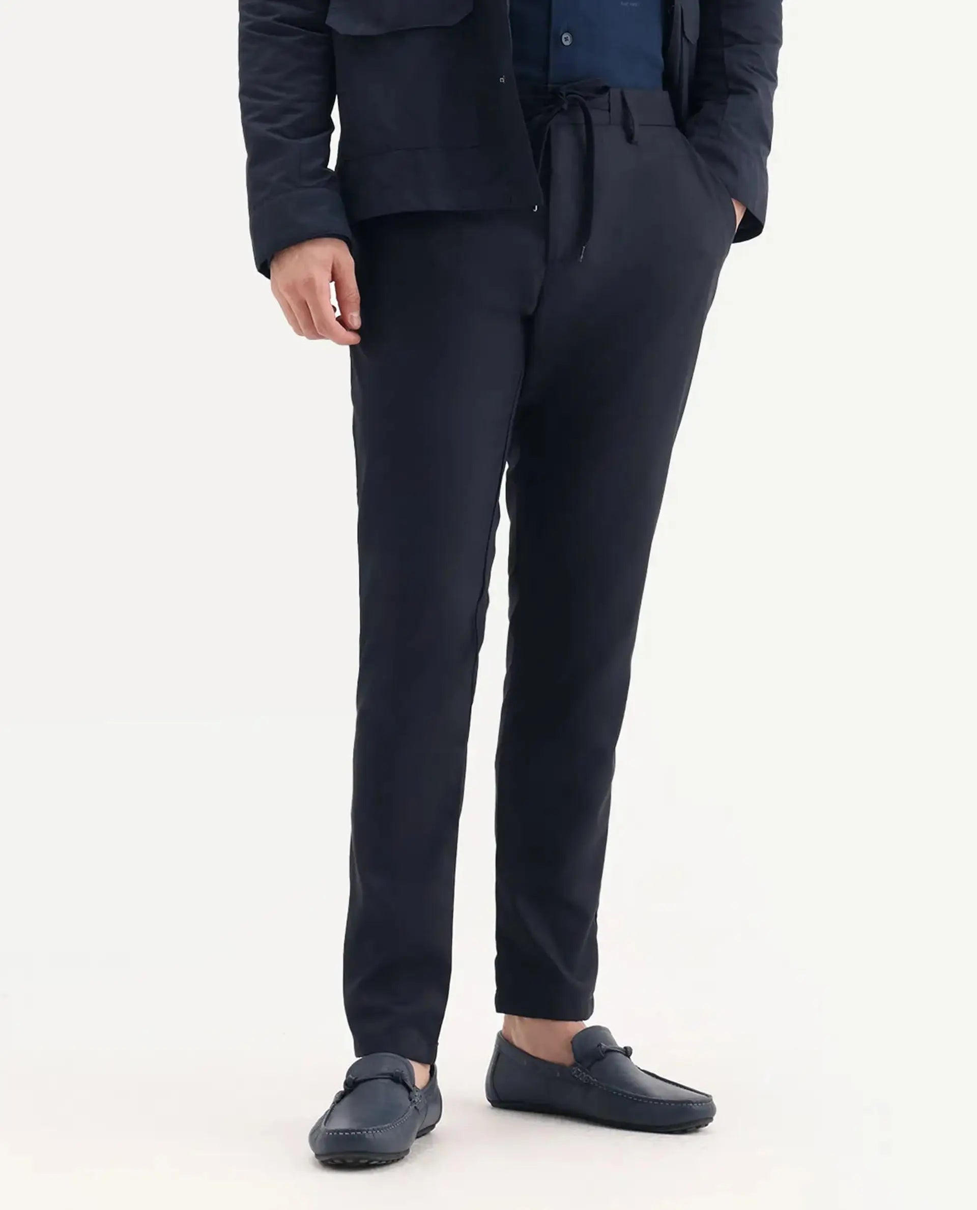 Rare Rabbit Men's Nimb Navy Polyester Fabric Drawstring And Button Closure High Rise Regular Fit Solid Trousers