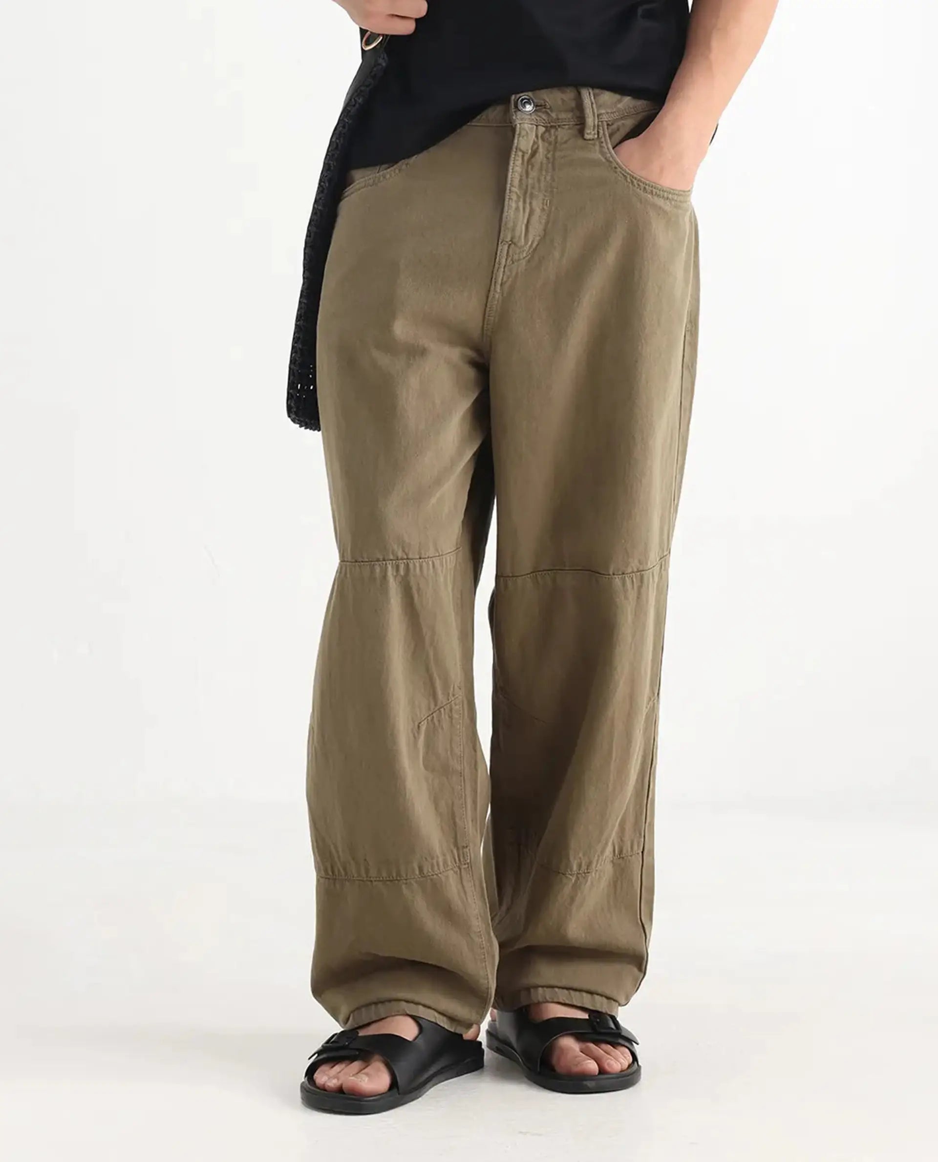 Rare Rabbit Men's Niot Khaki Cotton Plain Baggy Fit Jeans