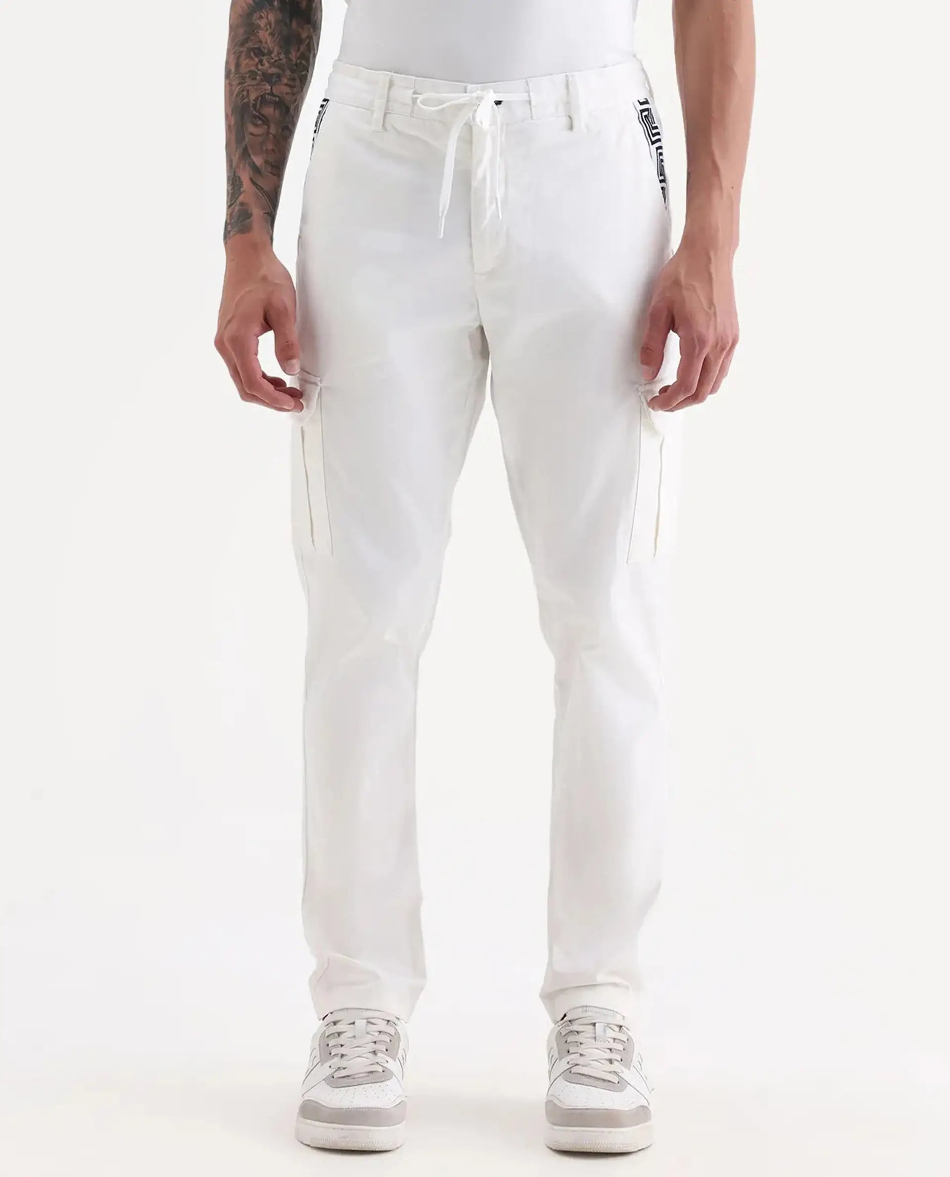 Rare Rabbit Men's Nobon White Cotton Plain Regular Fit Trouser