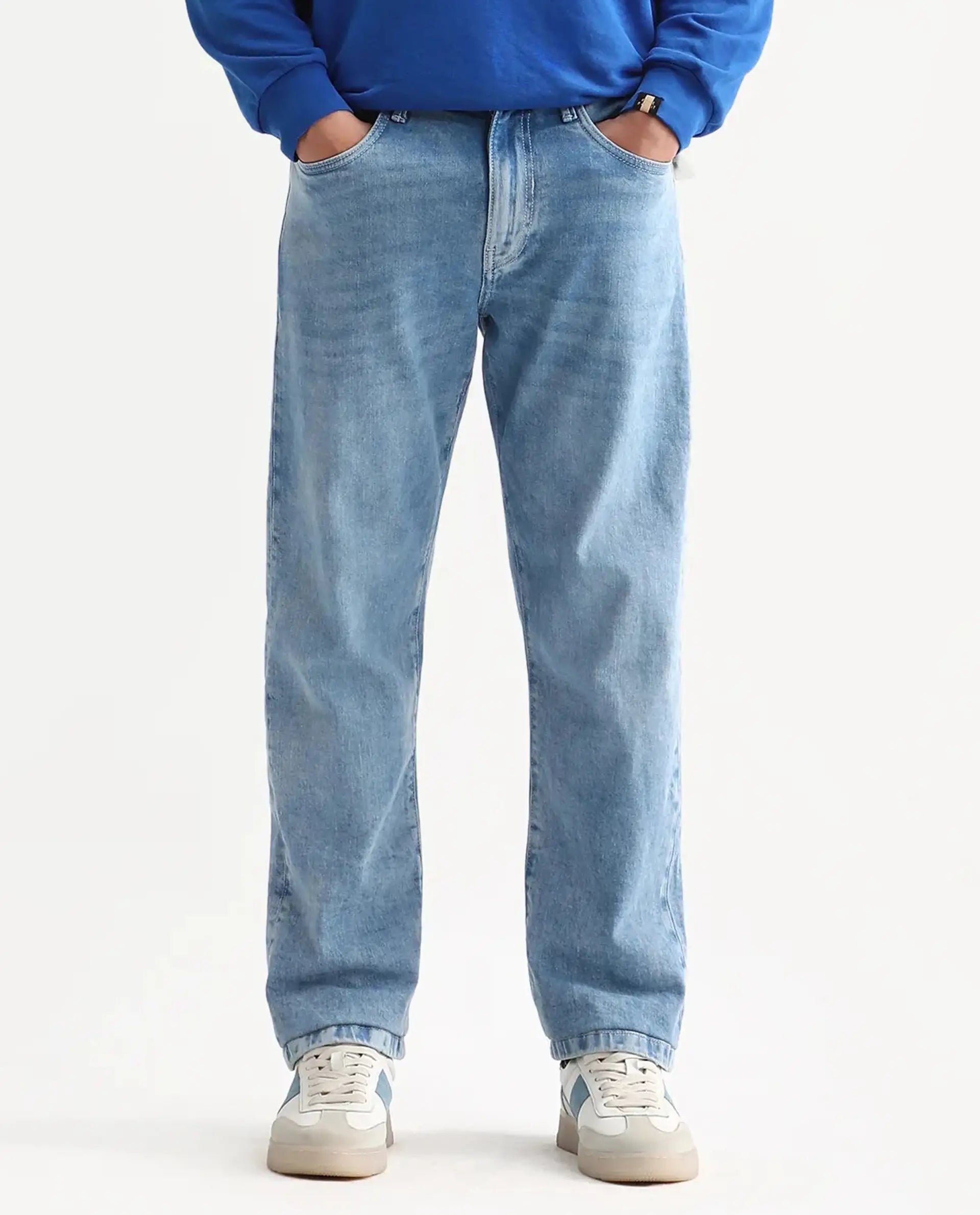 Rare Rabbit Men's Omir-R Light Blue Cotton Blend Fabric Button Closure Morris Regular Fit Plain Jeans