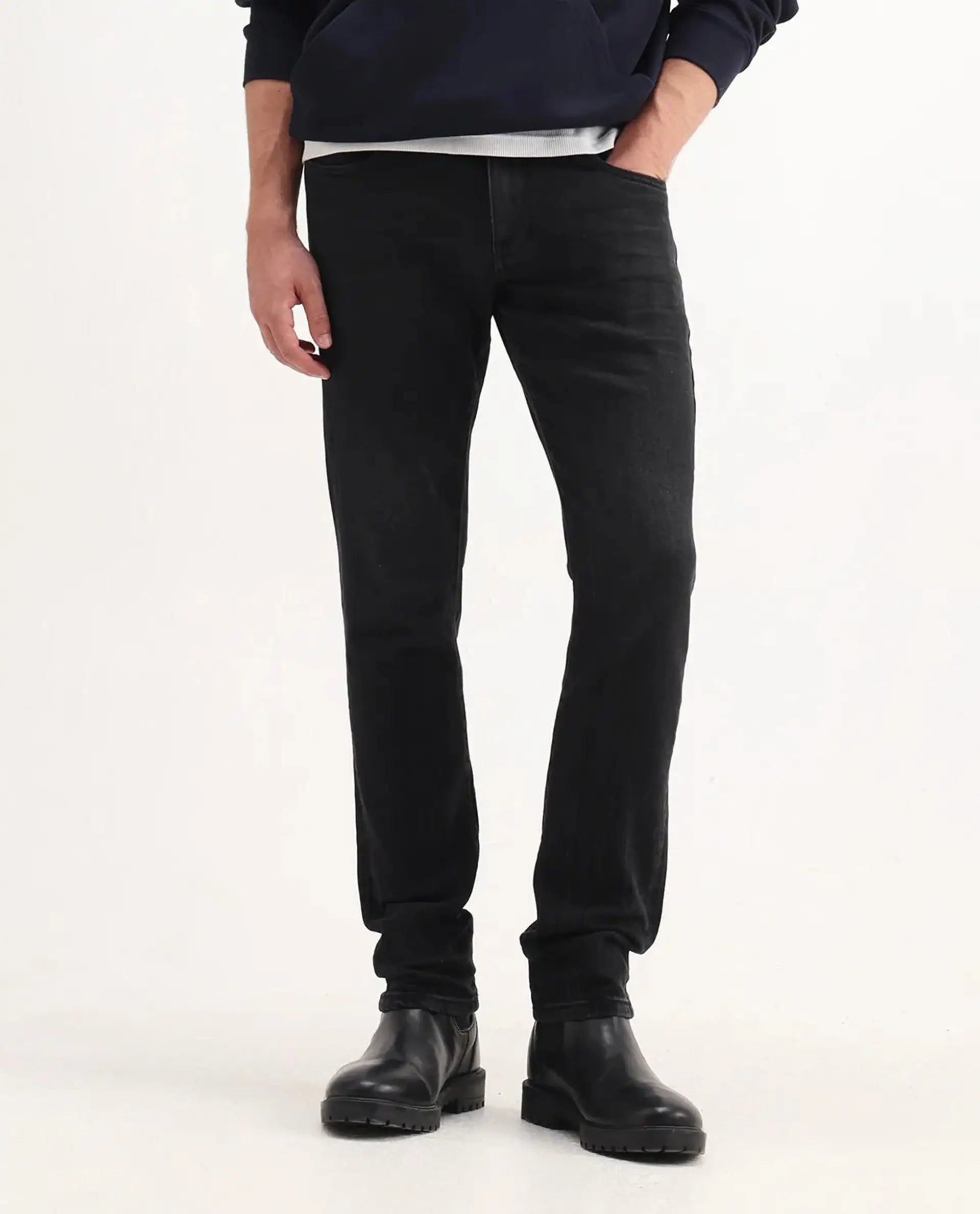 Rare Rabbit Men's Omiros Black Cotton Blend Plain Hawk Slim Fit Jeans