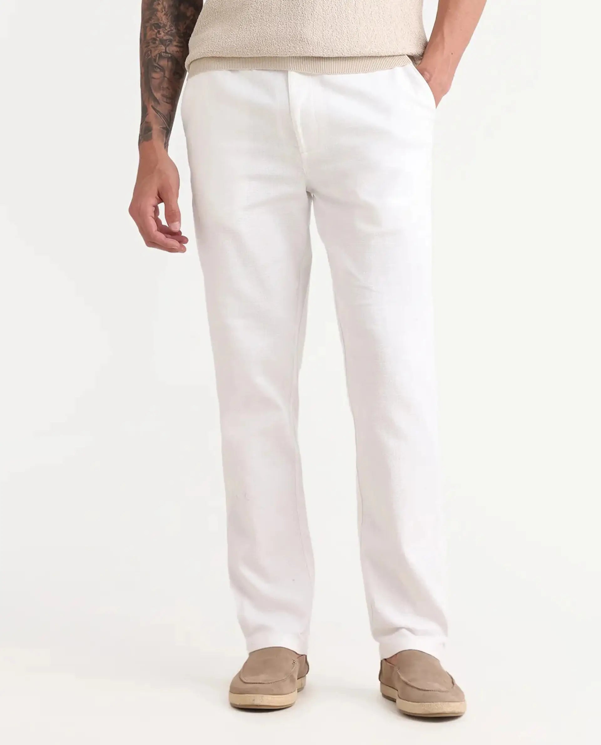 Rare Rabbit Men's Oros White Cotton Blend Fabric Regular Fit Plain Trouser