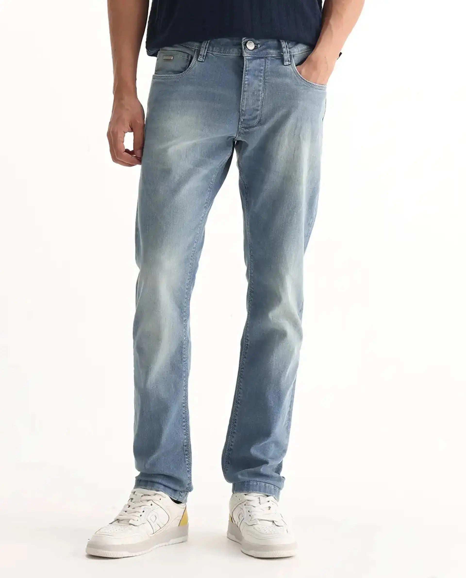 Rare Rabbit Men's Orsica Fluorescent Blue Cotton Plain Hawk Slim Fit Jeans